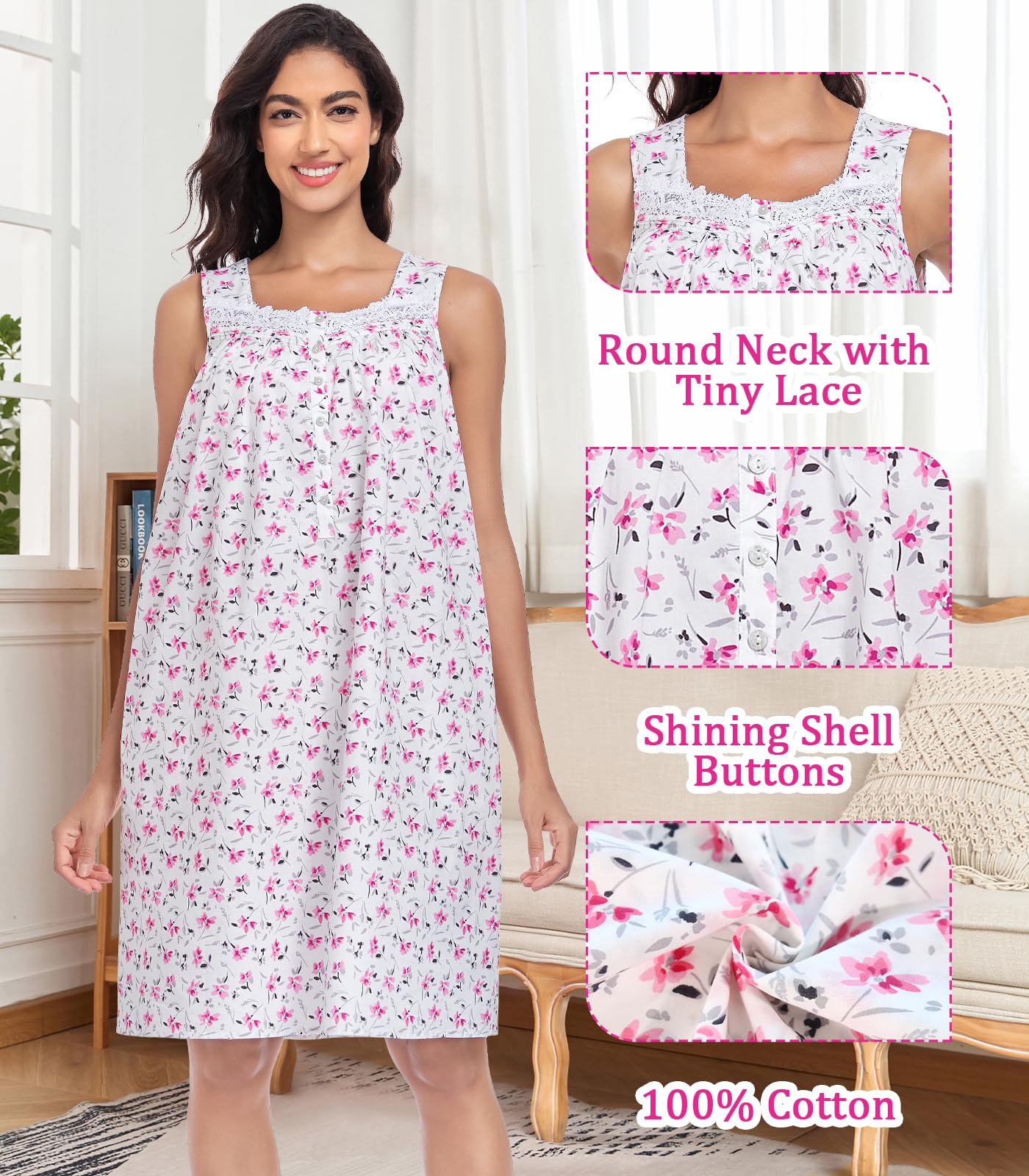 Sleeveless Nightgowns for Women 100% Cotton Nightgown Sleep Dress Soft Ladies Gowns Sleepwear Nightdress WEBE CLOTHING