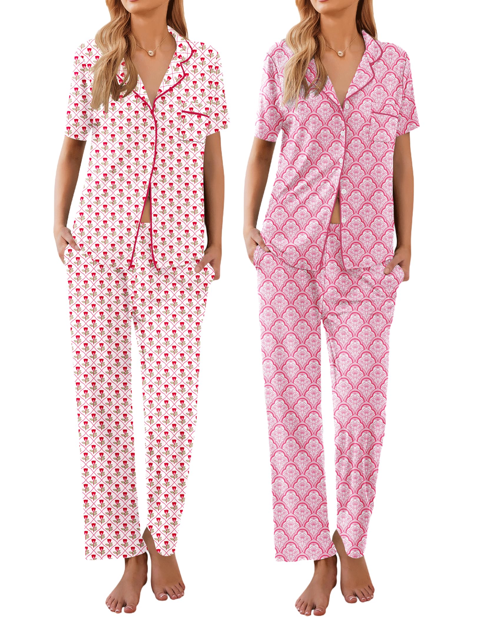 Ekouaer 2 Pack：Womens Pajamas Short Sleeve Pjs Notch Collar Button Up Loungewear Cozy Sleepwear Sets WEBE CLOTHING