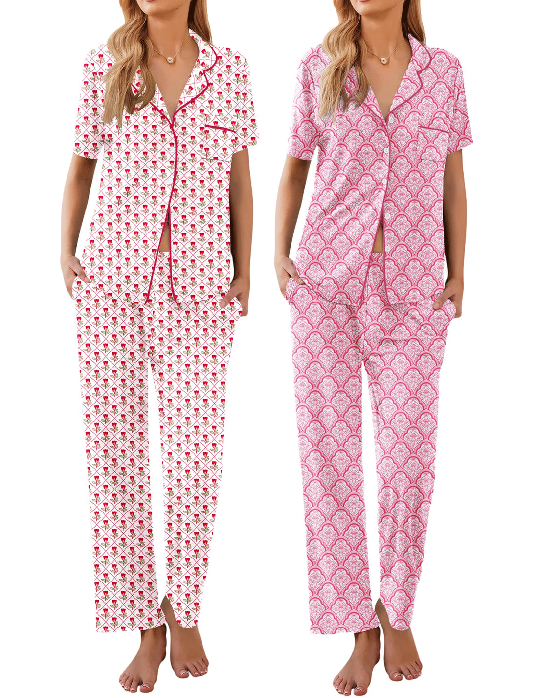 Ekouaer 2 Pack：Womens Pajamas Short Sleeve Pjs Notch Collar Button Up Loungewear Cozy Sleepwear Sets WEBE CLOTHING