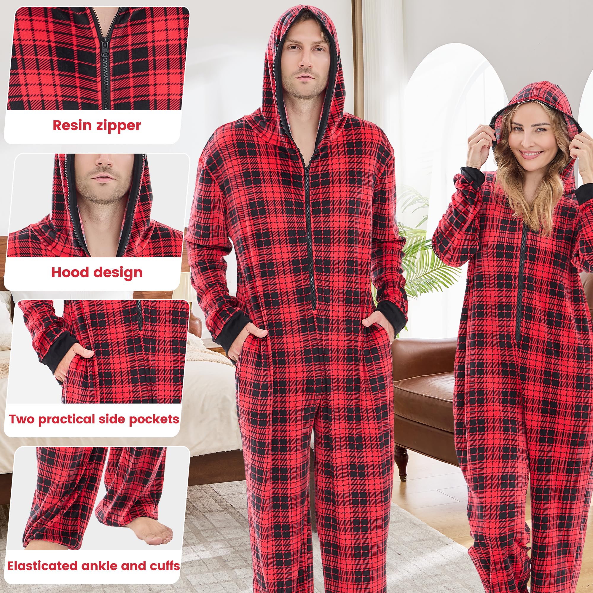 PJGGZ Onesie Couples Matching Pajamas - Funny Plaid Zipper Hooded Pjs Sets for Women & Men Soft Warm Christmas Jumpsuit WEBE CLOTHING