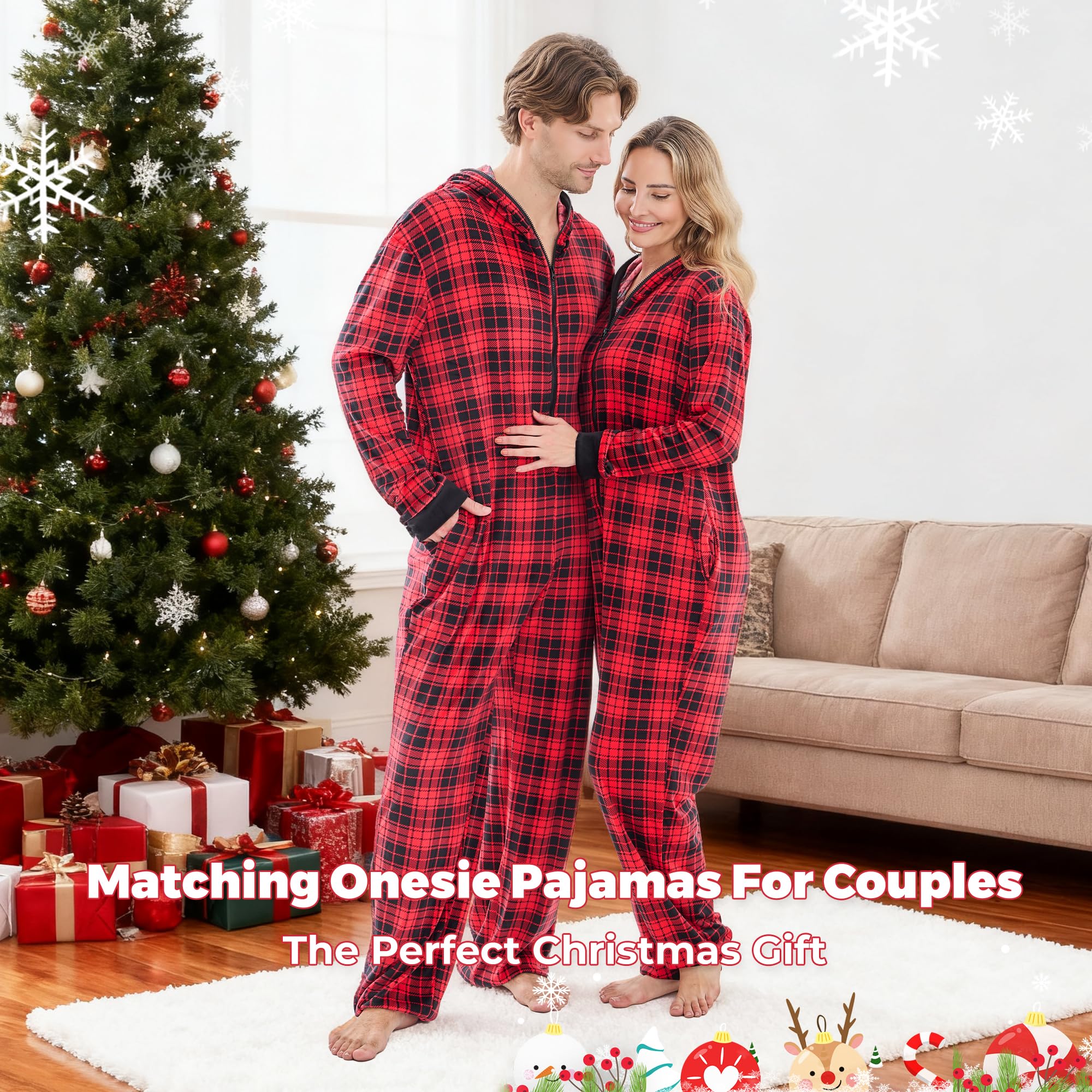 PJGGZ Onesie Couples Matching Pajamas - Funny Plaid Zipper Hooded Pjs Sets for Women & Men Soft Warm Christmas Jumpsuit WEBE CLOTHING
