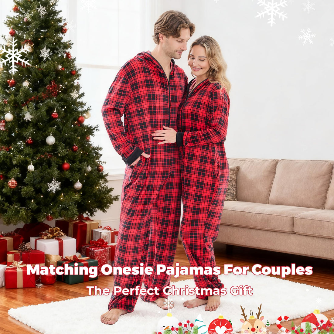 PJGGZ Onesie Couples Matching Pajamas - Funny Plaid Zipper Hooded Pjs Sets for Women & Men Soft Warm Christmas Jumpsuit WEBE CLOTHING