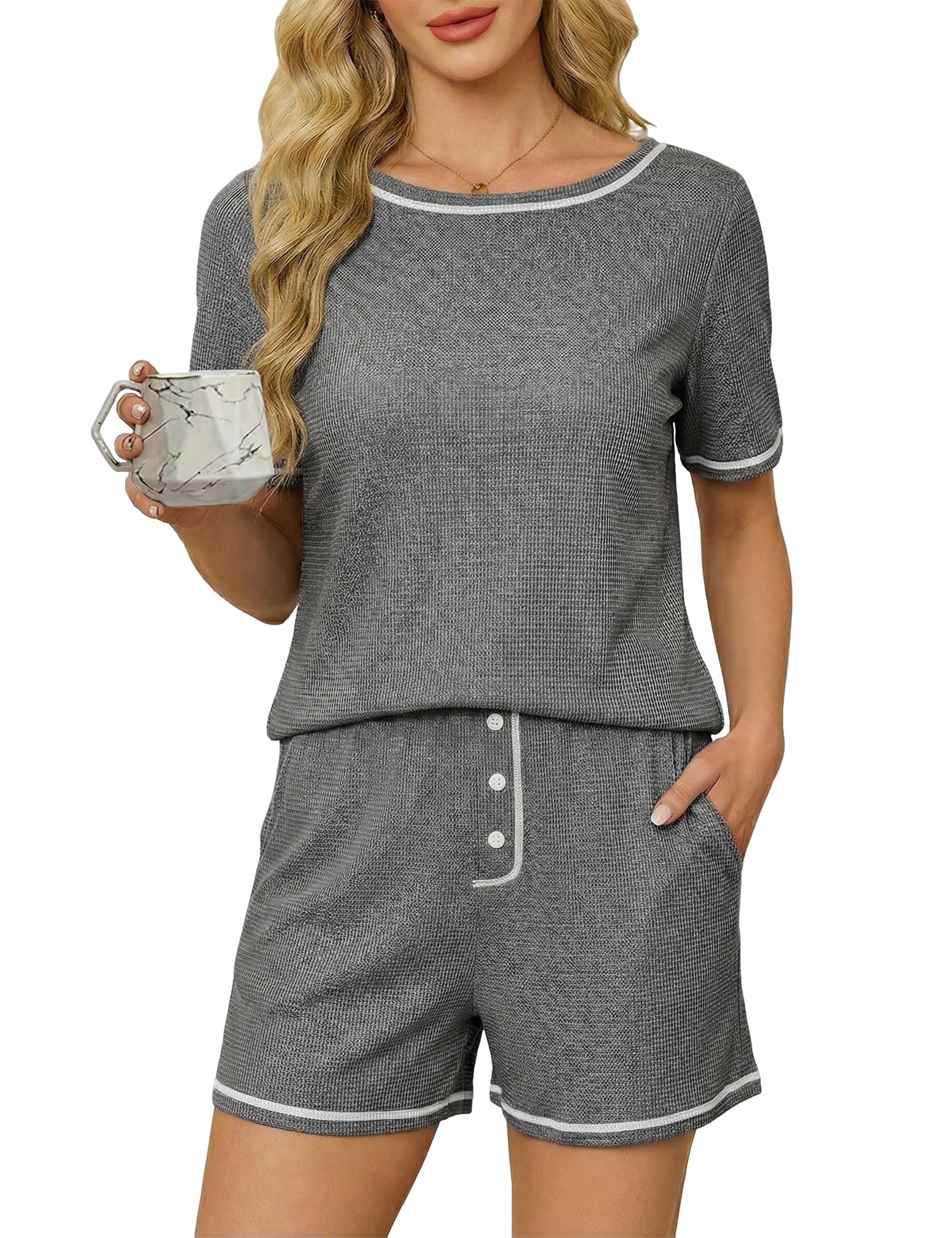 Blooming Jelly Womens Waffle Knit Cute Pajamas Sets Short Sleeve 2 Piece Pj Lounge Set Soft Sleepwear with Pockets