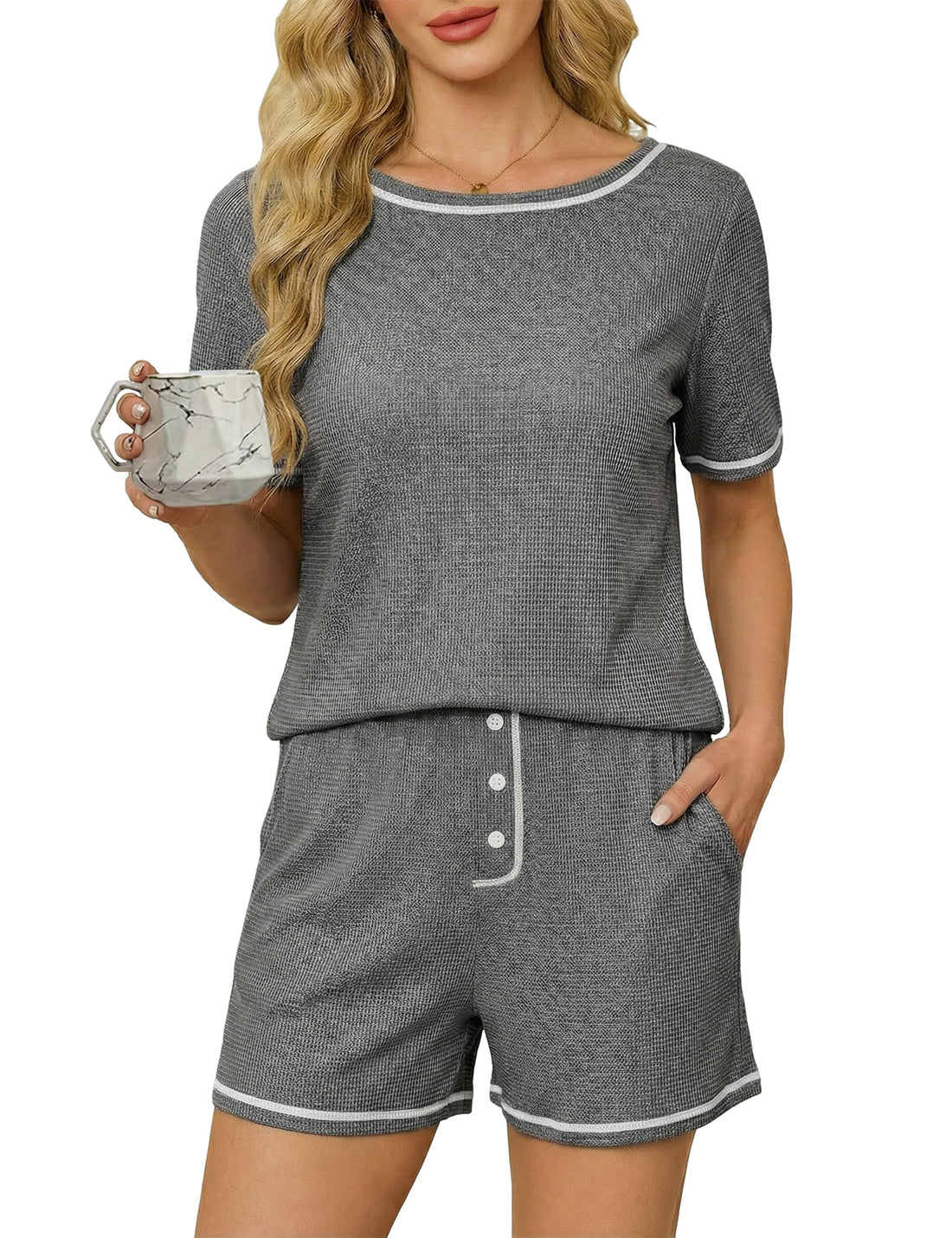 Blooming Jelly Womens Waffle Knit Cute Pajamas Sets Short Sleeve 2 Piece Pj Lounge Set Soft Sleepwear with Pockets