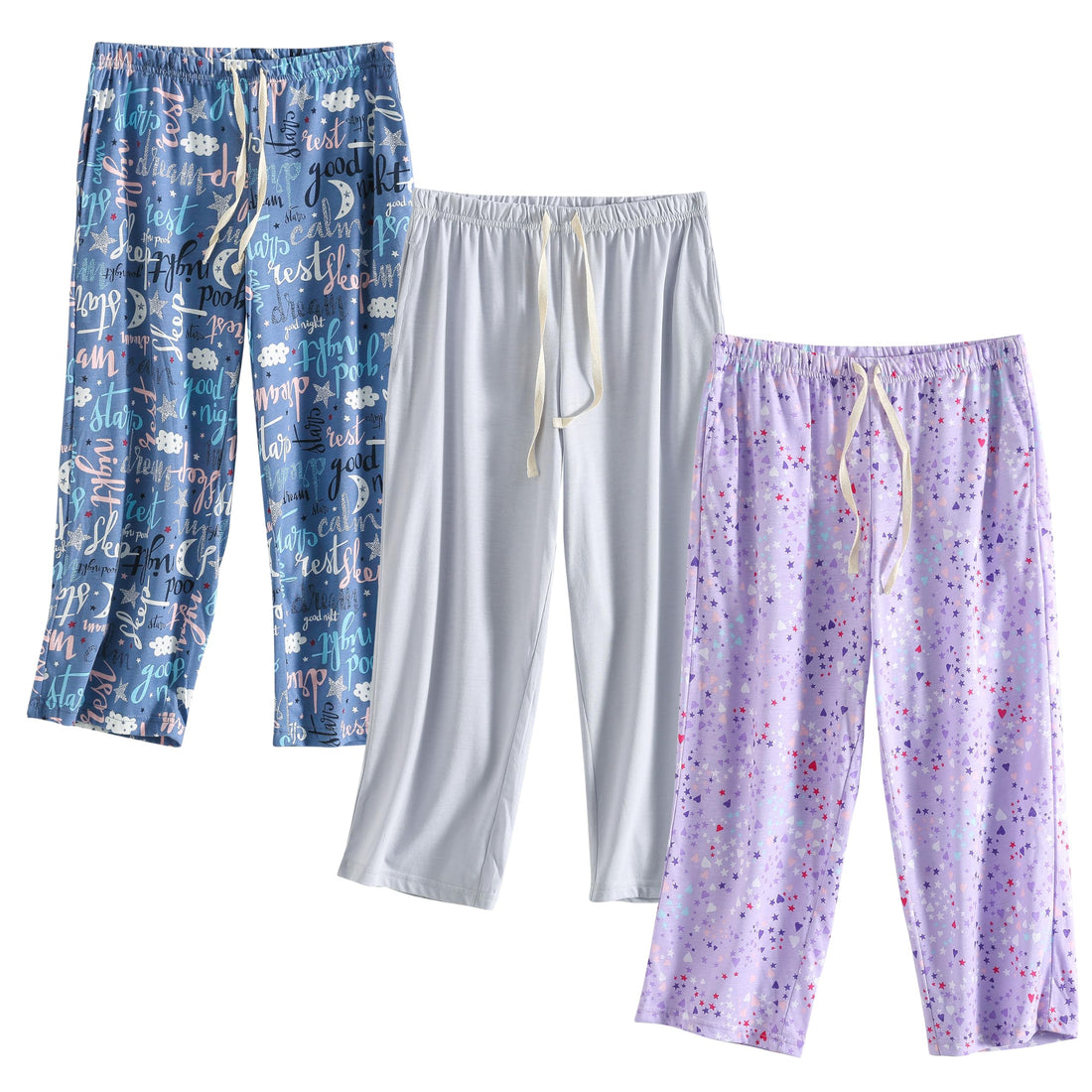 PNAEONG 3 Pack Women Pajama Pants Capri Length Drawstring Pj Bottoms Sleep Lounge Pants with Pockets S-3XL