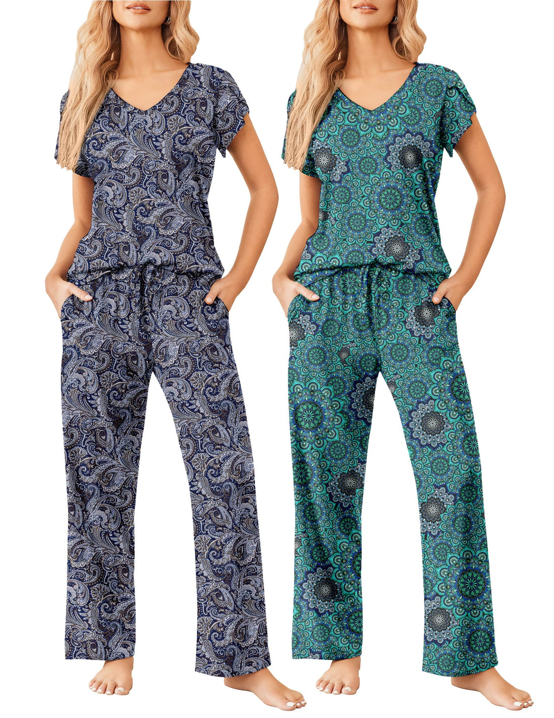 Ekouaer 2 Pack Womens Pajamas Short Sleeve Sleepwear Top with Pants Super-Soft Printed Lounge Sets S-XXL