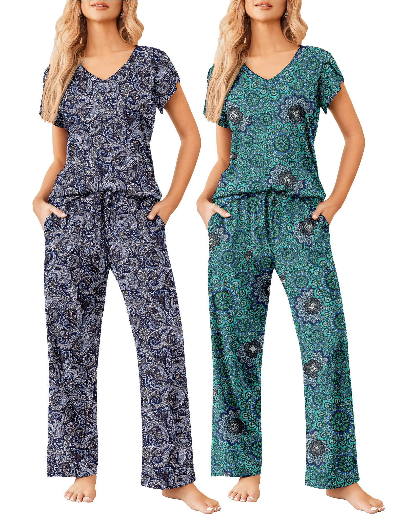 Ekouaer 2 Pack Womens Pajamas Short Sleeve Sleepwear Top with Pants Super-Soft Printed Lounge Sets S-XXL