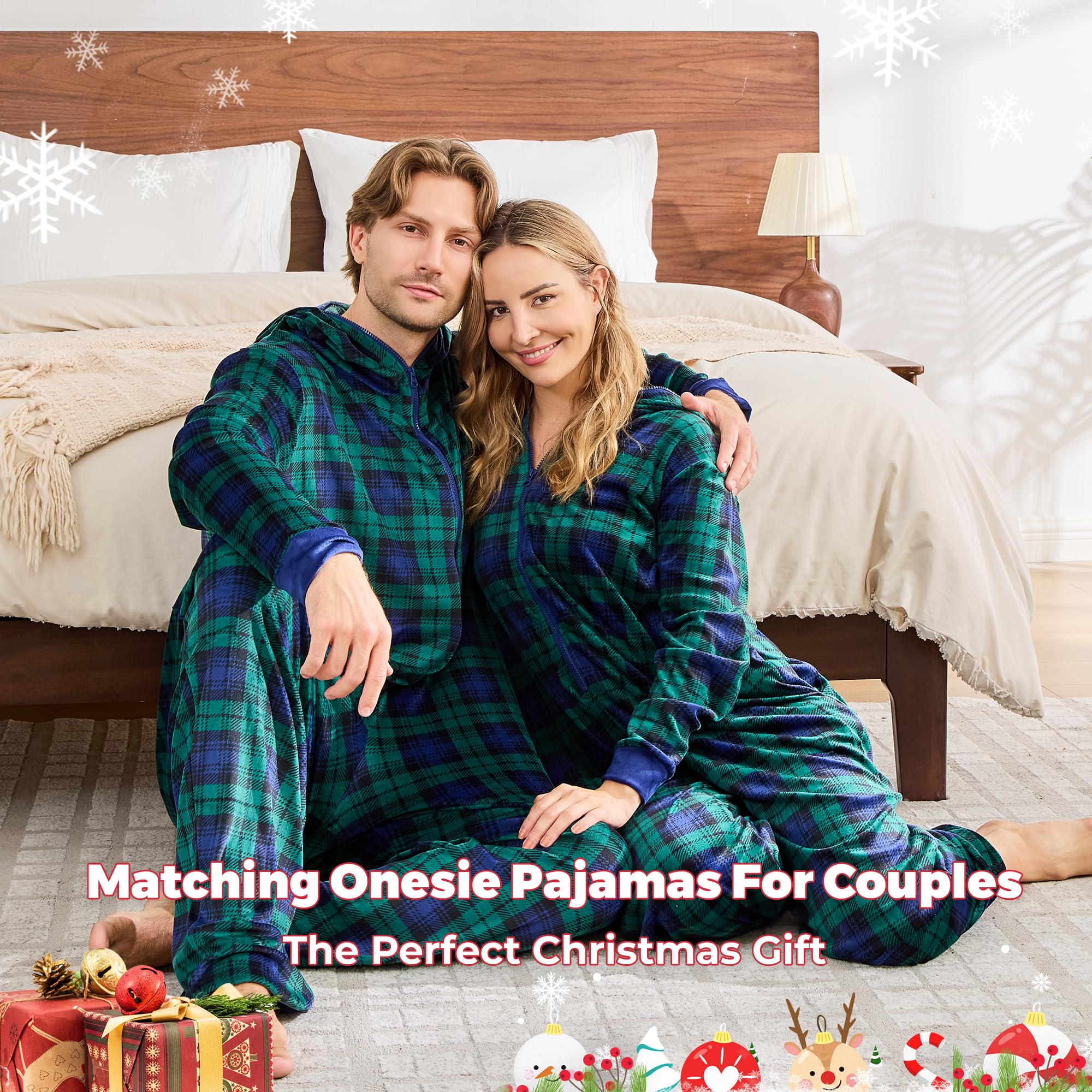 PJGGZ Onesie Couples Matching Pajamas - Funny Plaid Zipper Hooded Pjs Sets for Women & Men Soft Warm Christmas Jumpsuit WEBE CLOTHING