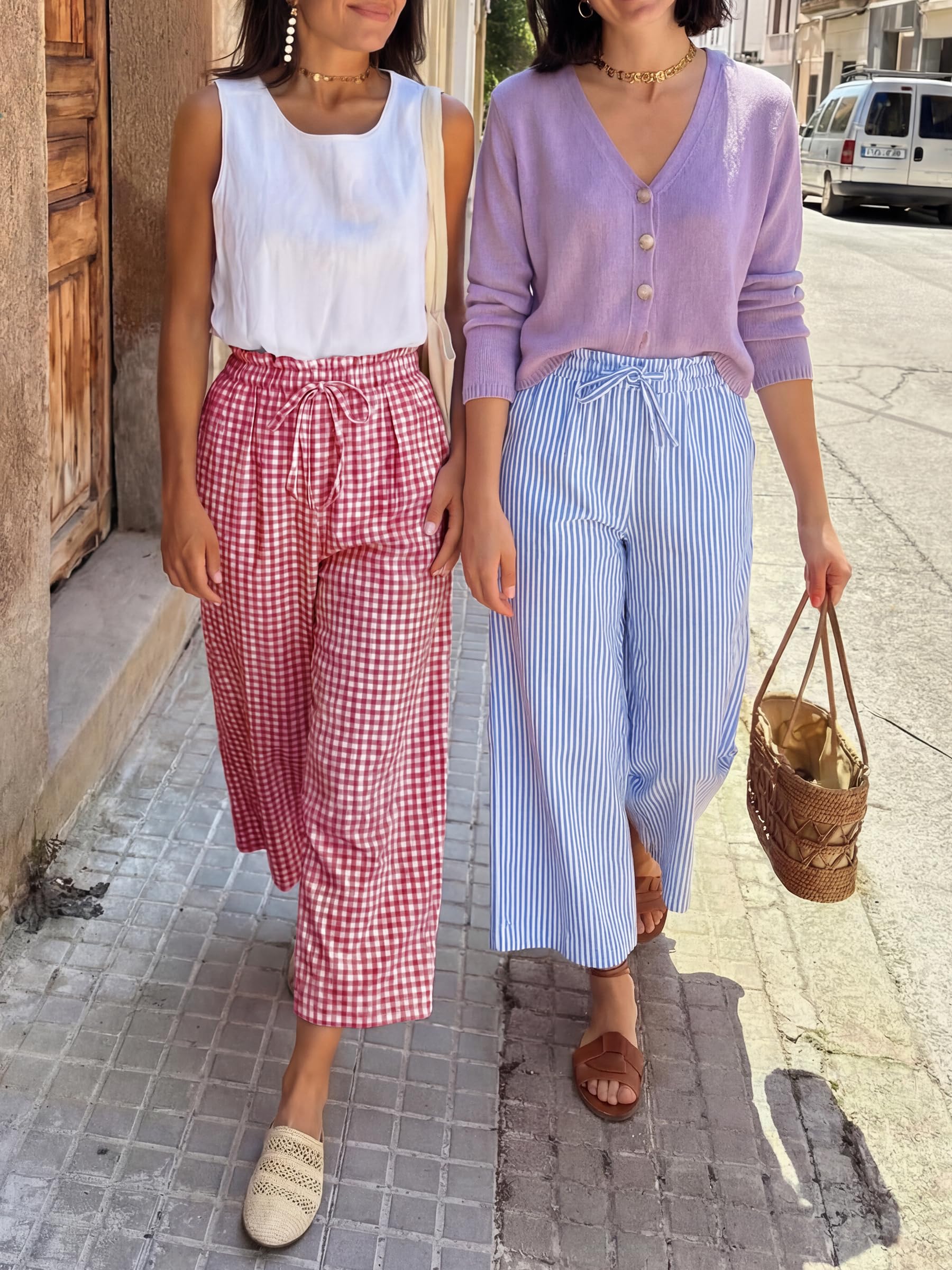 ANRABESS Womens Striped Gingham Palazzo Capri Pants Pajama Wide Leg Lounge Trousers Plaid Cute Crop PJ Bottoms with Pockets