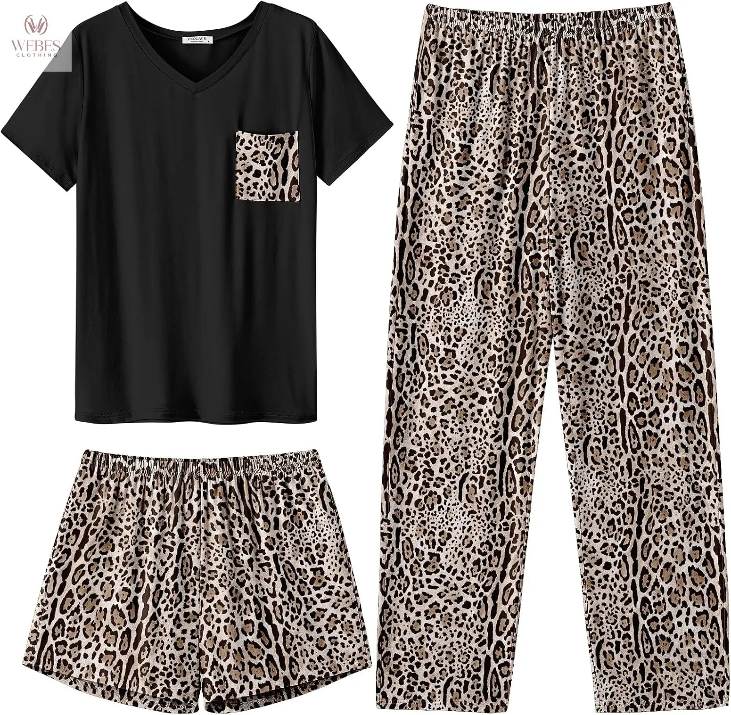 Ekouaer Women's 3 Piece Pajama Set Short Sleeve Sleepwear Pj Set Top and Shorts Pants Pjs with Pockets WEBE CLOTHING
