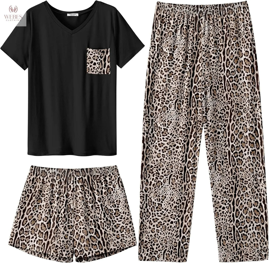 Ekouaer Women's 3 Piece Pajama Set Short Sleeve Sleepwear Pj Set Top and Shorts Pants Pjs with Pockets WEBE CLOTHING