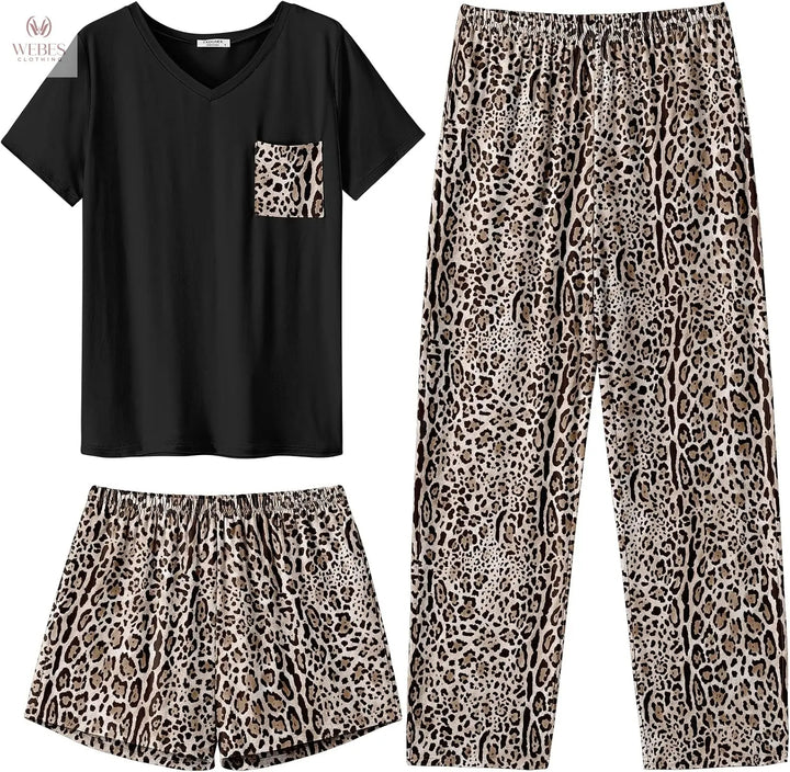 Ekouaer Women's 3 Piece Pajama Set Short Sleeve Sleepwear Pj Set Top and Shorts Pants Pjs with Pockets WEBE CLOTHING