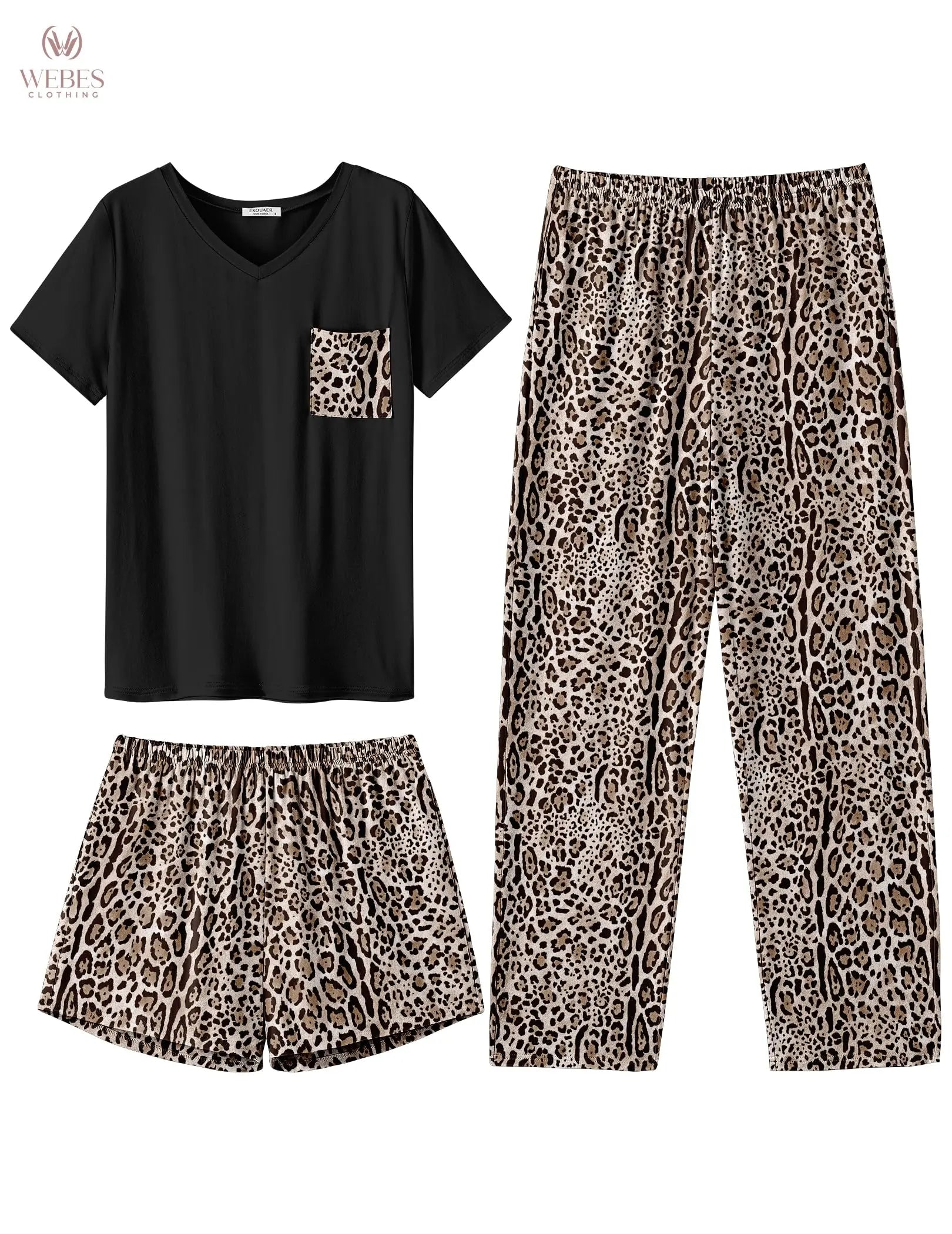 Ekouaer Women's 3 Piece Pajama Set Short Sleeve Sleepwear Pj Set Top and Shorts Pants Pjs with Pockets WEBE CLOTHING