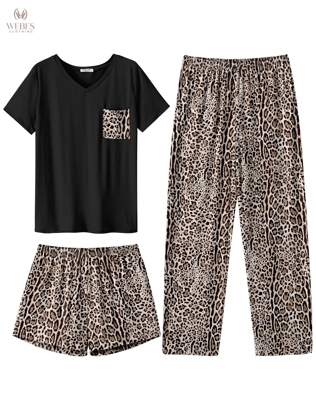 Ekouaer Women's 3 Piece Pajama Set Short Sleeve Sleepwear Pj Set Top and Shorts Pants Pjs with Pockets WEBE CLOTHING
