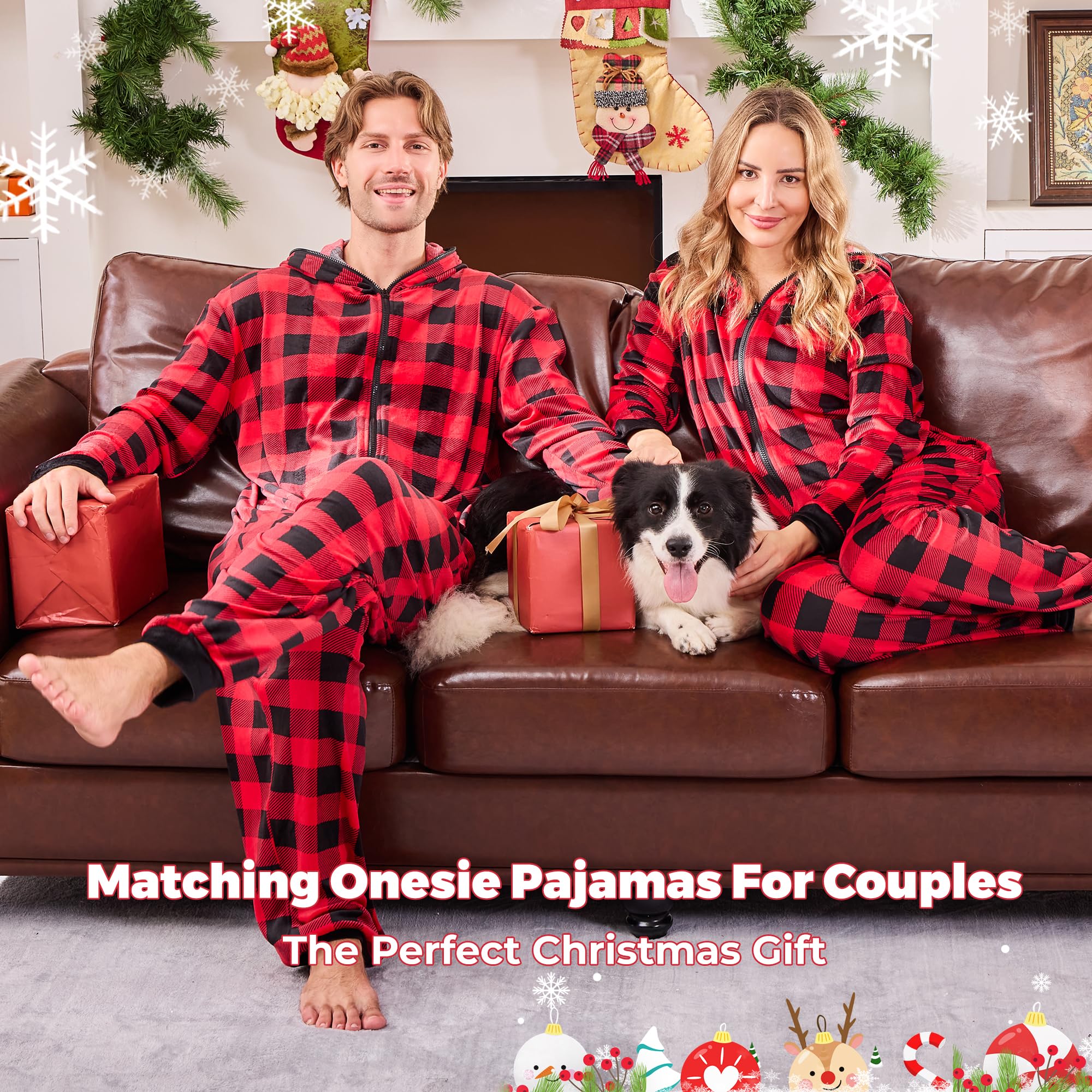 PJGGZ Onesie Couples Matching Pajamas - Funny Plaid Zipper Hooded Pjs Sets for Women & Men Soft Warm Christmas Jumpsuit WEBE CLOTHING