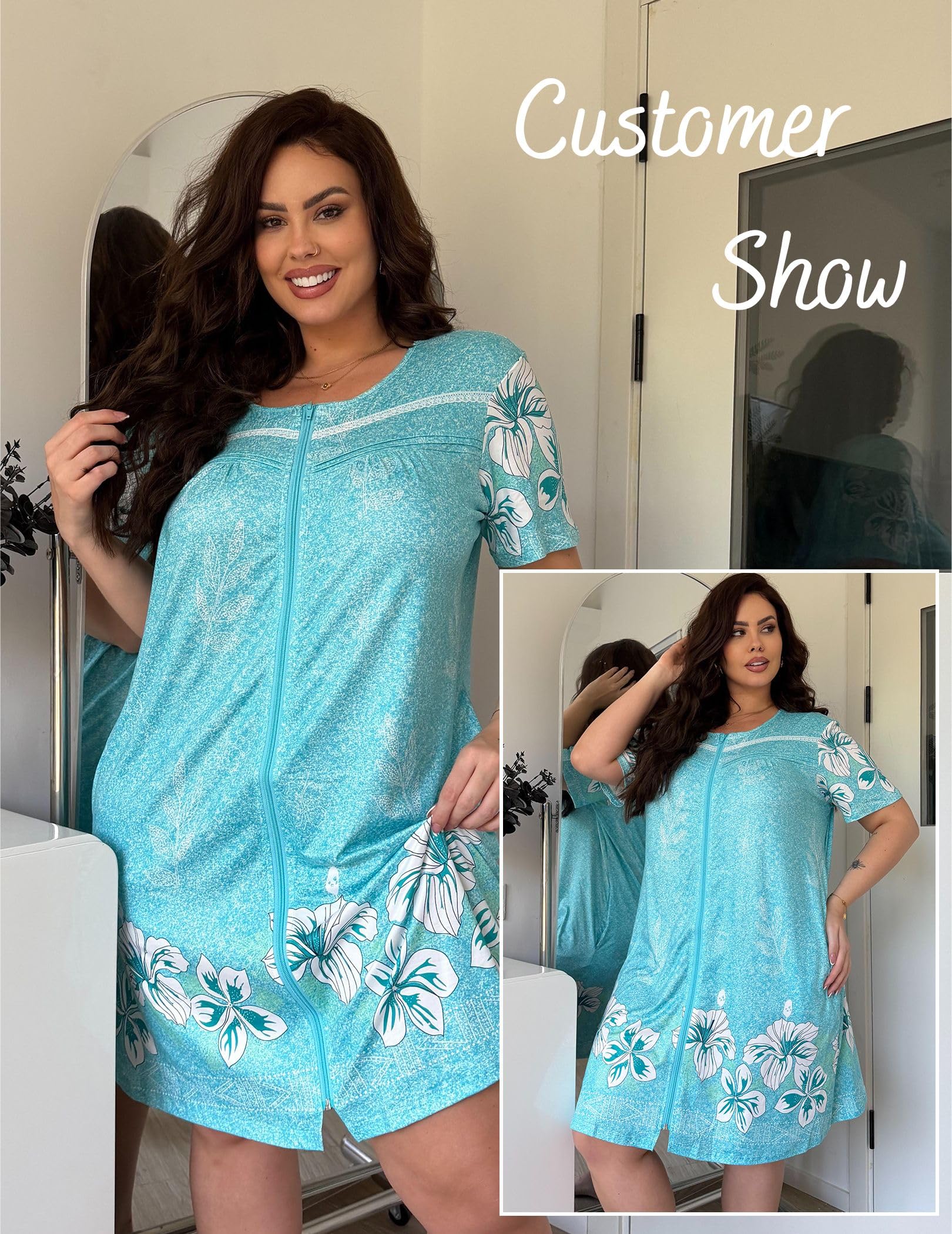 Ekouaer Womens Zip Up Robe Lace Short Sleeve Bathrobes | Knee Length Zipper Housecoat, Lightweight Nightgowns,Zipper Front House Coat with Pockets