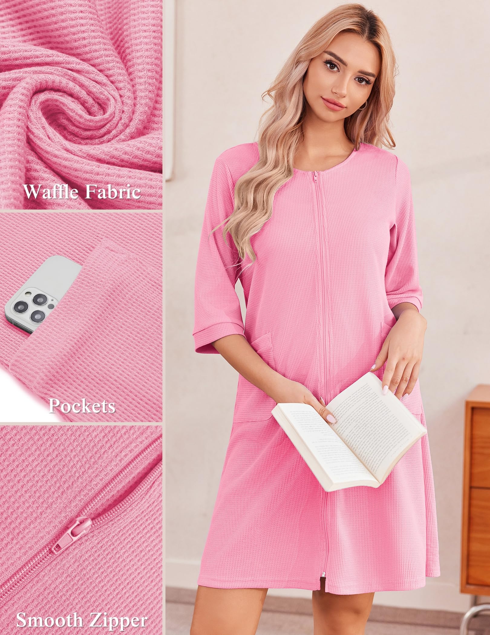 Ekouaer Zip Up Robes for Women Short Waffle Bathrobe Lightweight house coat 3/4 Sleeve Soft Nightgown with Pockets S-3XL WEBE CLOTHING