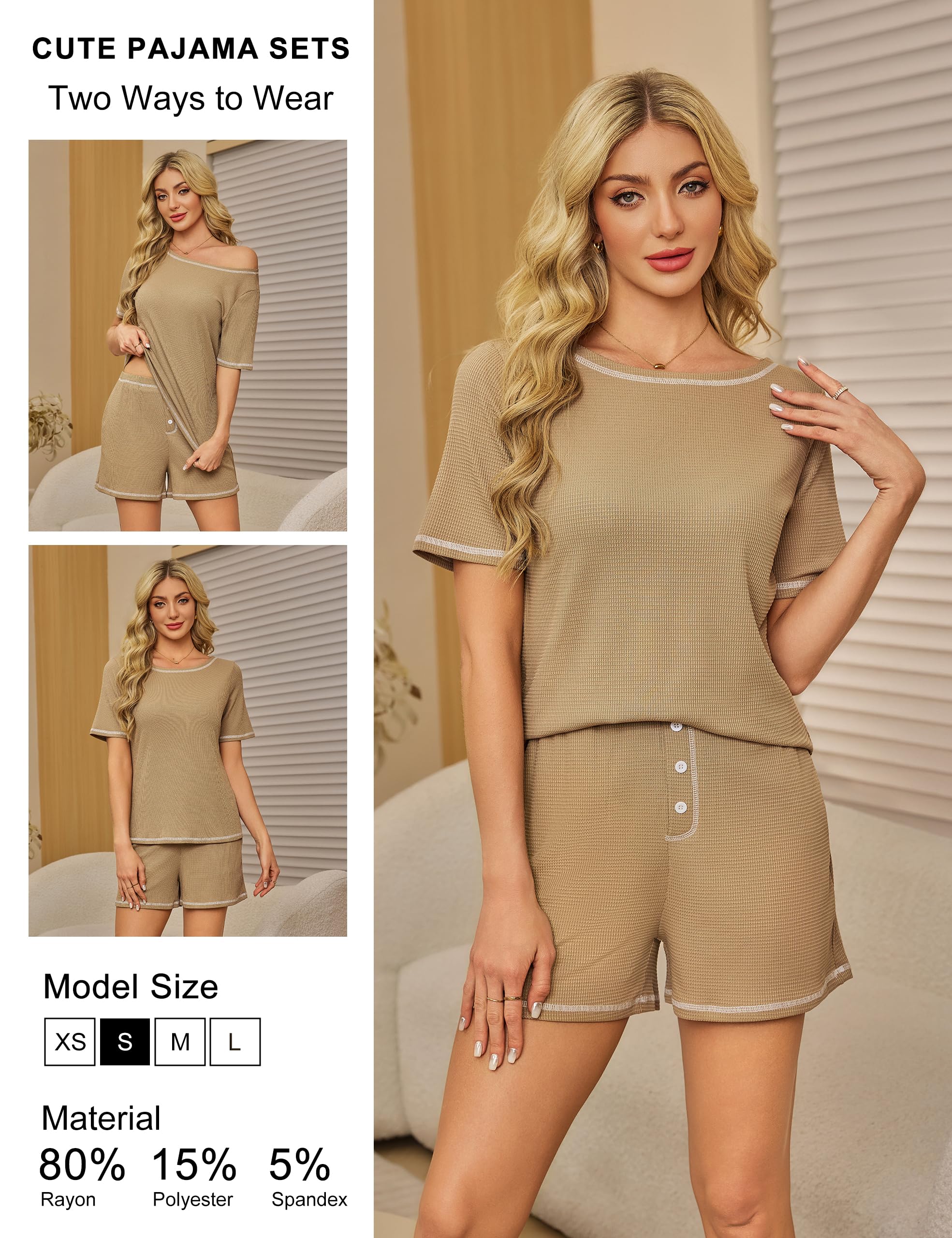 Blooming Jelly Womens Waffle Knit Cute Pajamas Sets Short Sleeve 2 Piece Pj Lounge Set Soft Sleepwear with Pockets