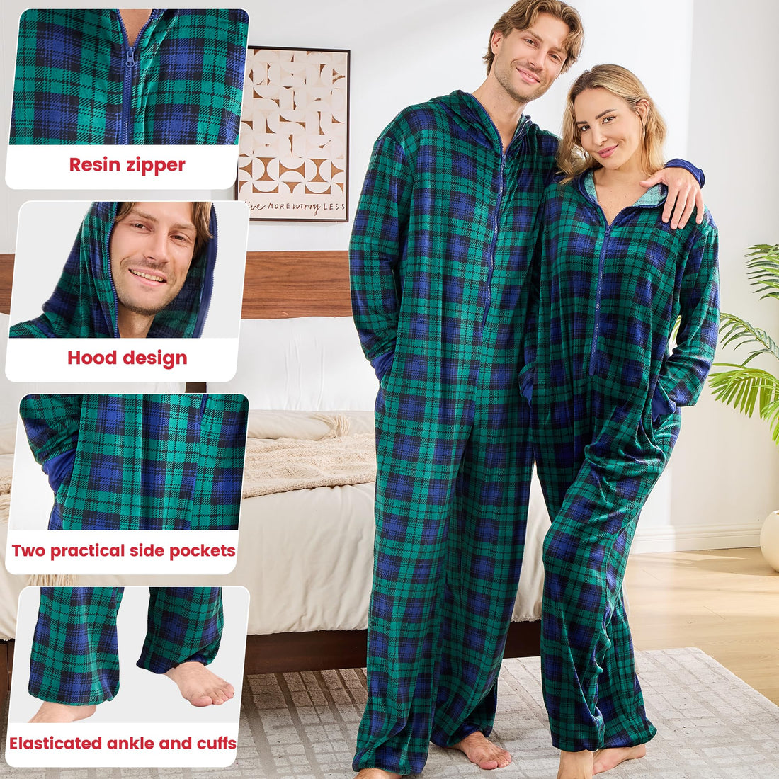 PJGGZ Onesie Couples Matching Pajamas - Funny Plaid Zipper Hooded Pjs Sets for Women & Men Soft Warm Christmas Jumpsuit WEBE CLOTHING