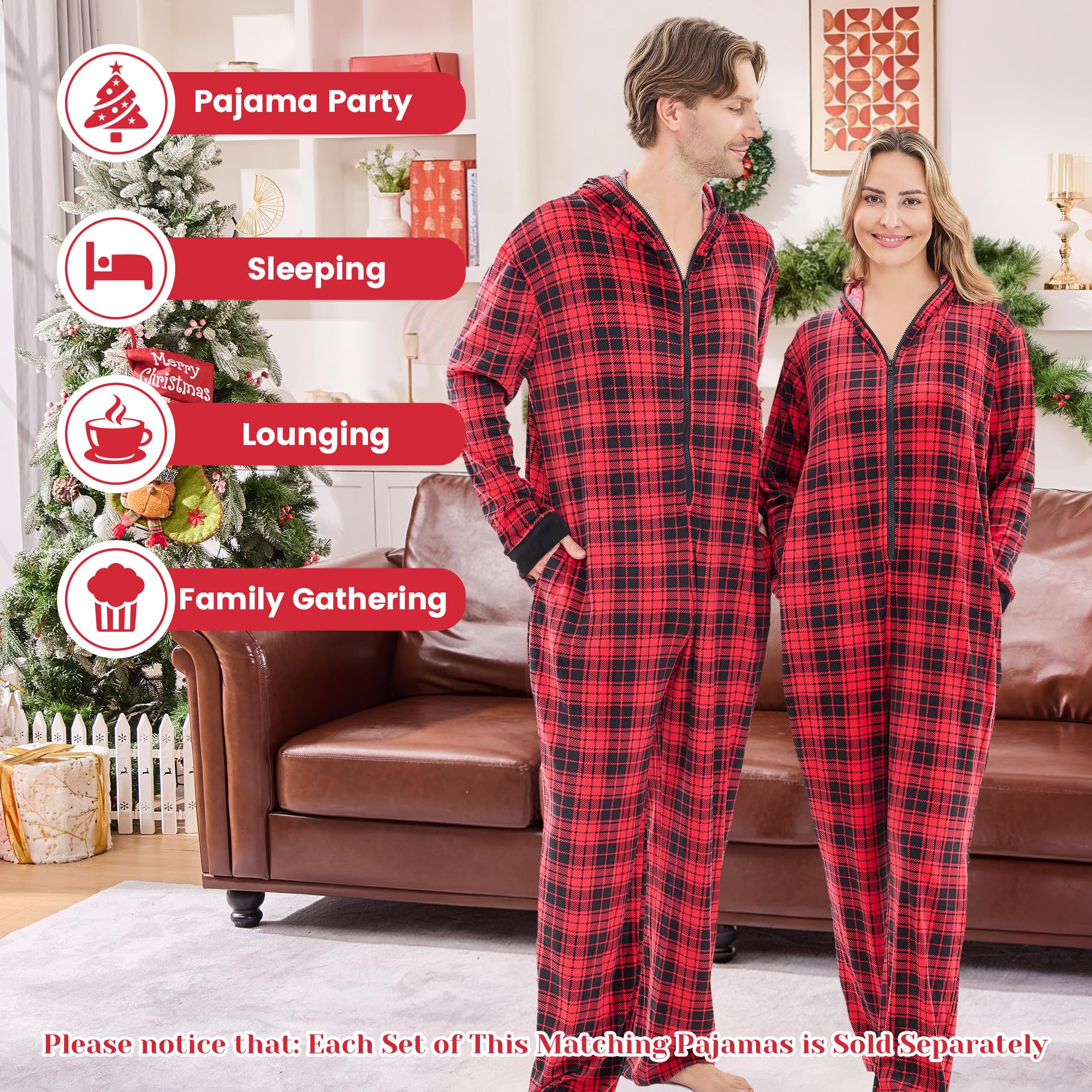 PJGGZ Onesie Couples Matching Pajamas - Funny Plaid Zipper Hooded Pjs Sets for Women & Men Soft Warm Christmas Jumpsuit WEBE CLOTHING