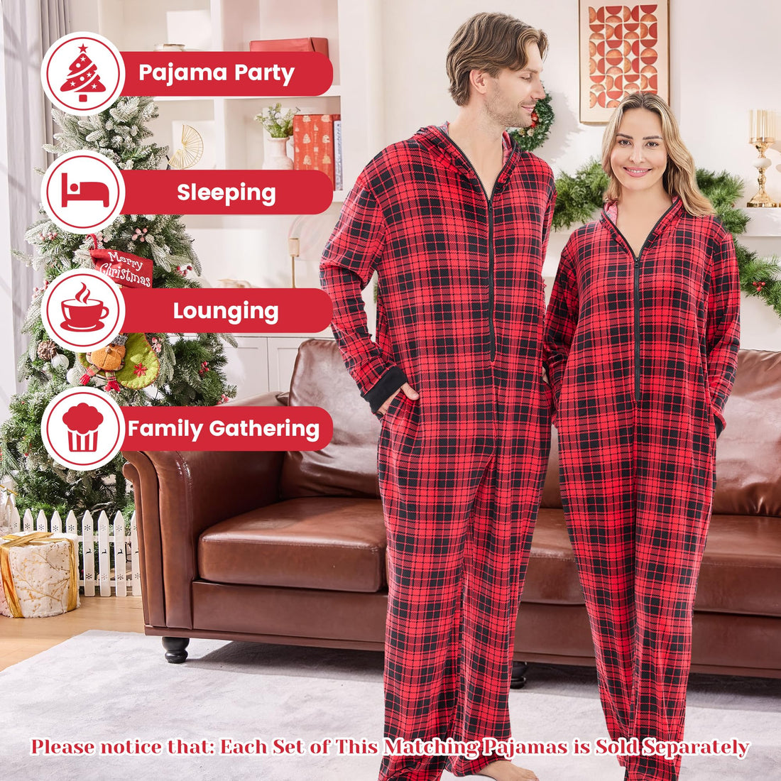 PJGGZ Onesie Couples Matching Pajamas - Funny Plaid Zipper Hooded Pjs Sets for Women & Men Soft Warm Christmas Jumpsuit WEBE CLOTHING