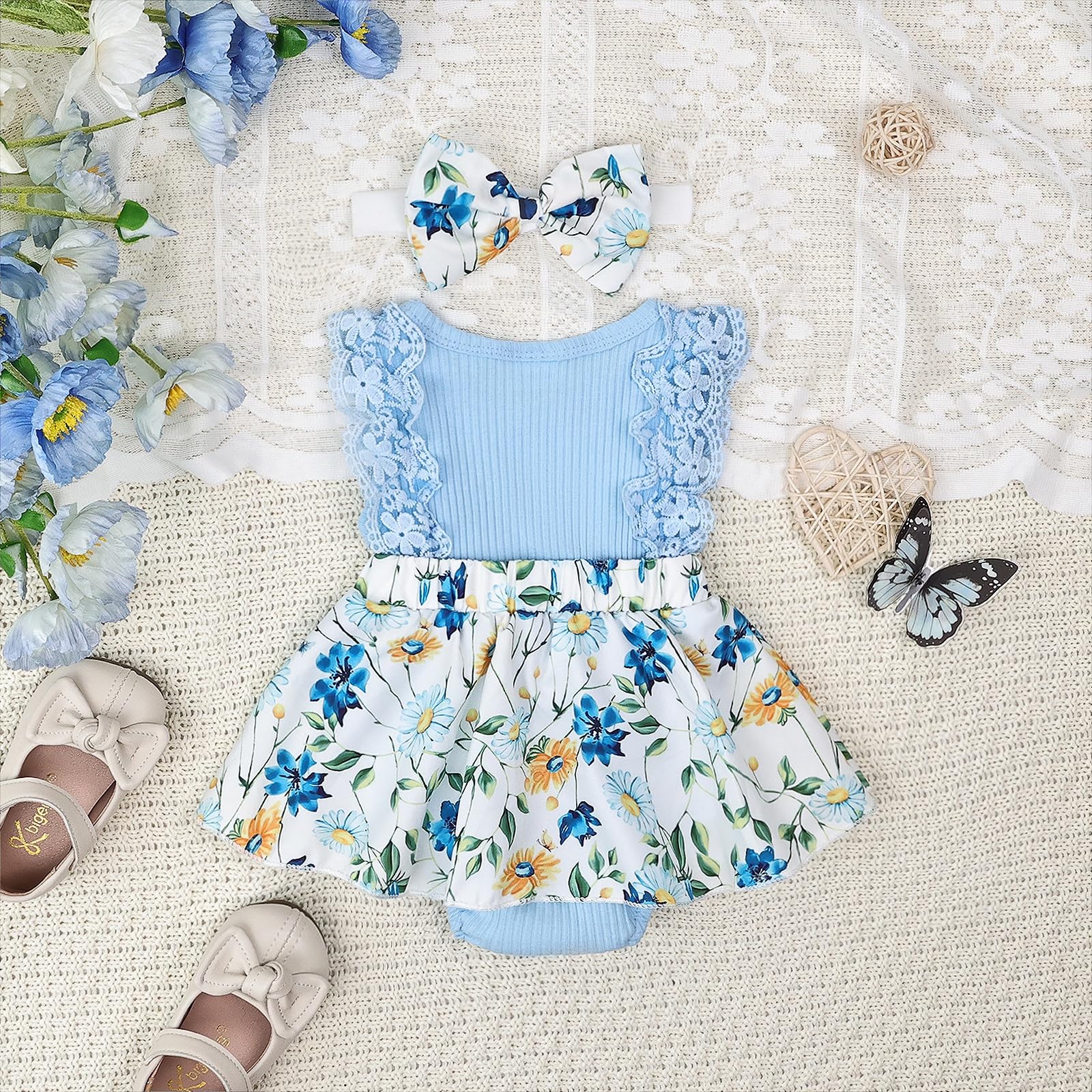 Baby Girl Clothes Newborn Romper Dress Infant Lace Ruffle Sleeveless Summer Outfits with Headband 0-12 Months WEBE CLOTHING