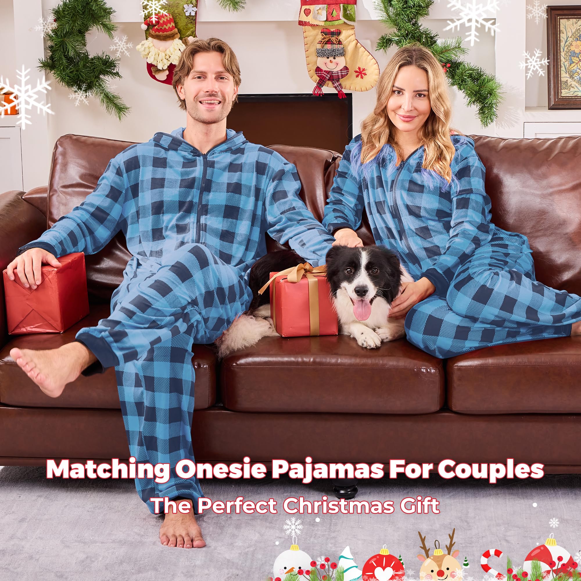 PJGGZ Onesie Couples Matching Pajamas - Funny Plaid Zipper Hooded Pjs Sets for Women & Men Soft Warm Christmas Jumpsuit WEBE CLOTHING