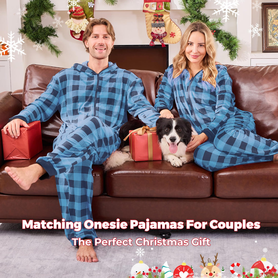 PJGGZ Onesie Couples Matching Pajamas - Funny Plaid Zipper Hooded Pjs Sets for Women & Men Soft Warm Christmas Jumpsuit WEBE CLOTHING