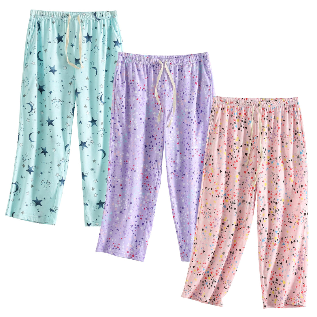 PNAEONG 3 Pack Women Pajama Pants Capri Length Drawstring Pj Bottoms Sleep Lounge Pants with Pockets S-3XL