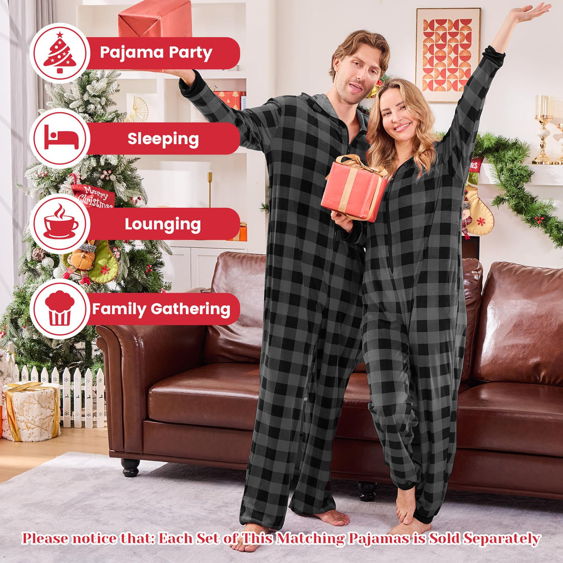 PJGGZ Onesie Couples Matching Pajamas - Funny Plaid Zipper Hooded Pjs Sets for Women & Men Soft Warm Christmas Jumpsuit WEBE CLOTHING