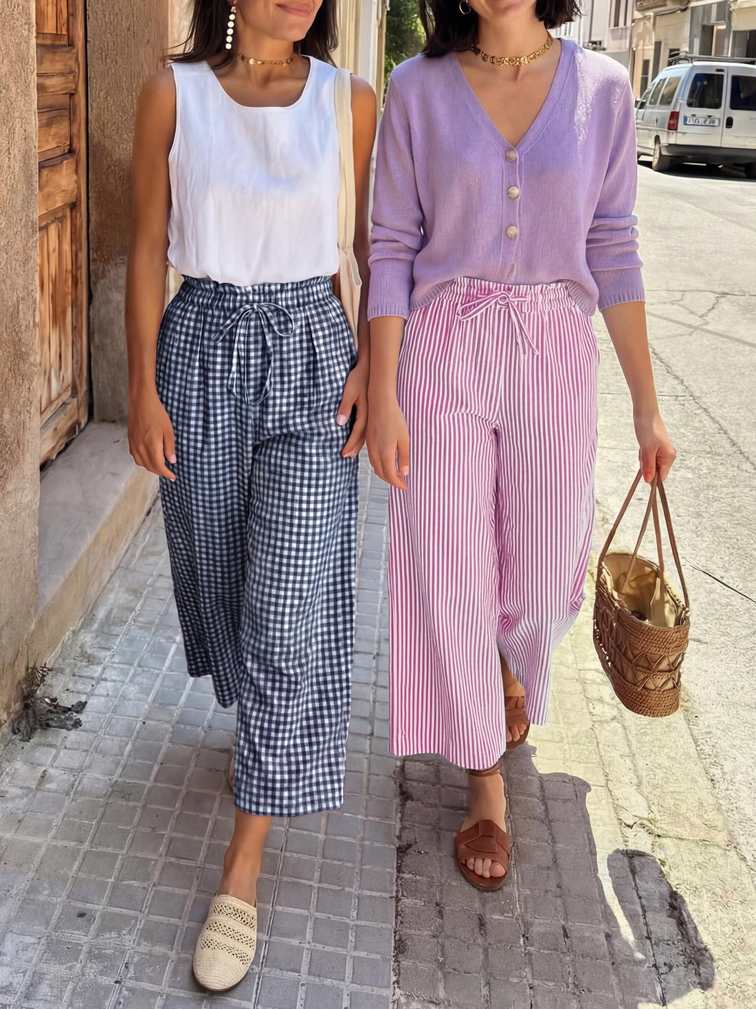 ANRABESS Womens Striped Gingham Palazzo Capri Pants Pajama Wide Leg Lounge Trousers Plaid Cute Crop PJ Bottoms with Pockets