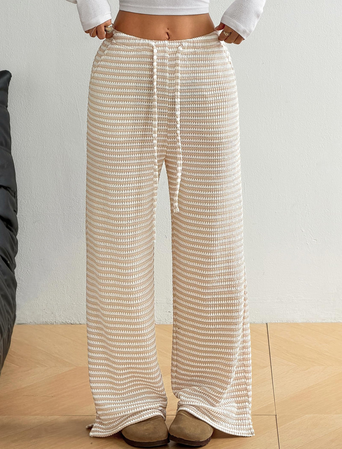 ZAFUL Women's Striped Pants Casual Fold Waist Wide Leg Pants Lightweight Comfy Stretchy Loose Lounge Pajama Pants