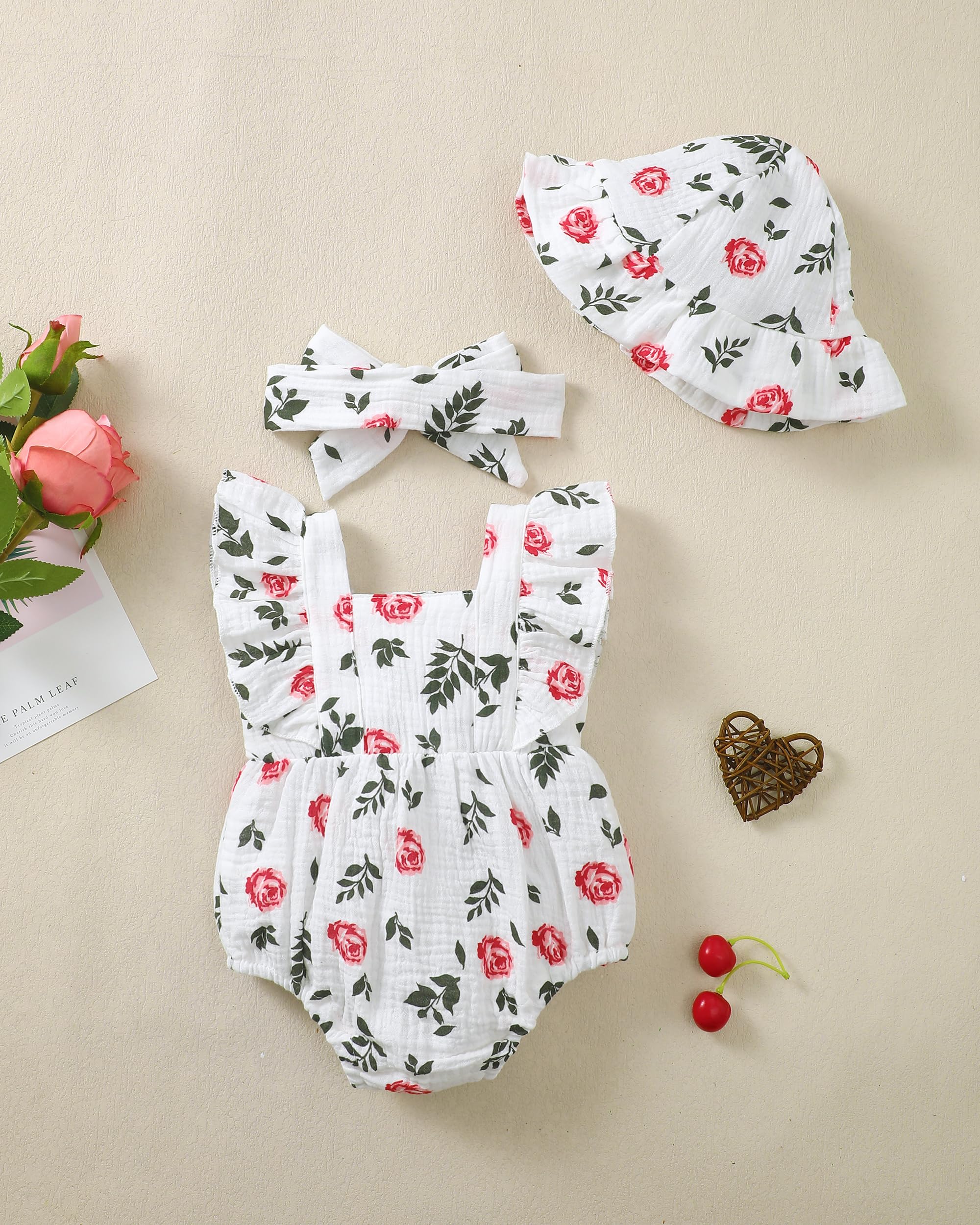 Renotemy Baby Girl Clothes Infant Summer Romper Cotton Linen Newborn Essentials Photography Preemie Outfits with Hat&Headband WEBE CLOTHING