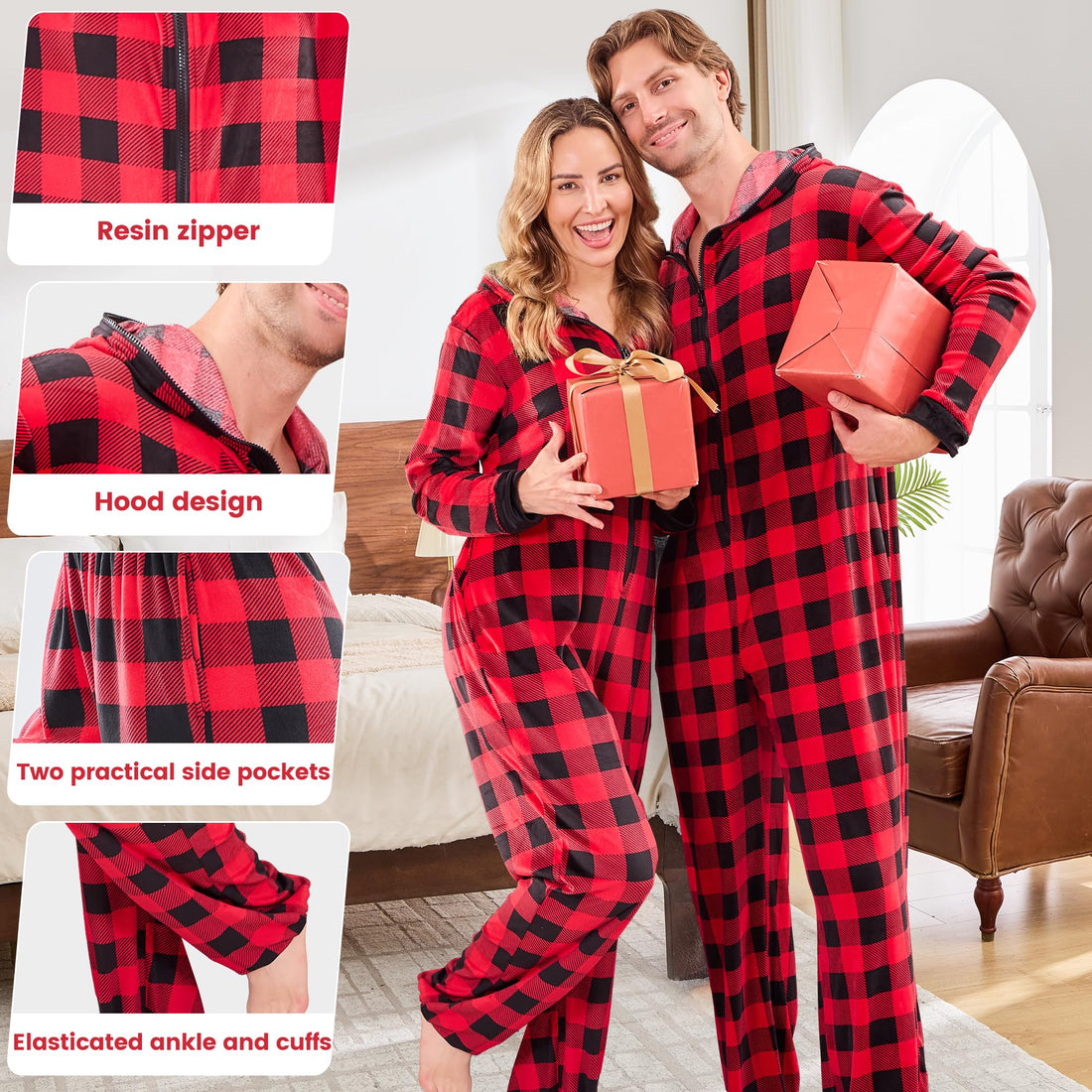 PJGGZ Onesie Couples Matching Pajamas - Funny Plaid Zipper Hooded Pjs Sets for Women & Men Soft Warm Christmas Jumpsuit WEBE CLOTHING