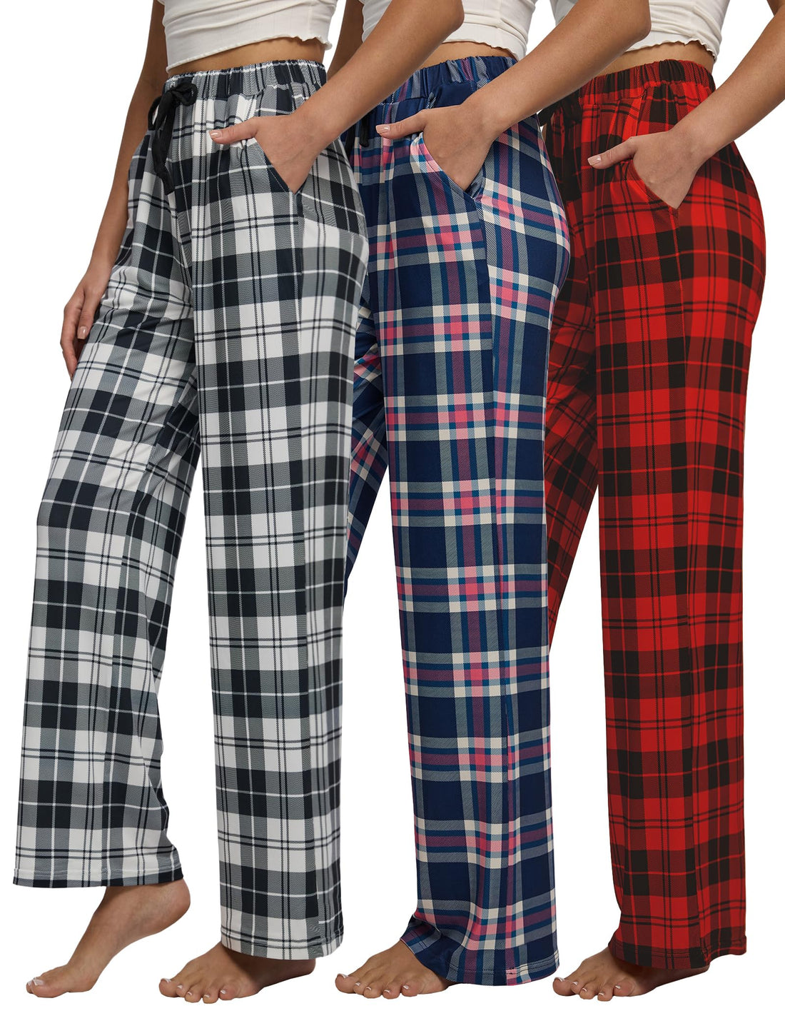 Women Pajama Pants 3-Pack Plaid Sleep Lounge PJ Bottoms with Pockets