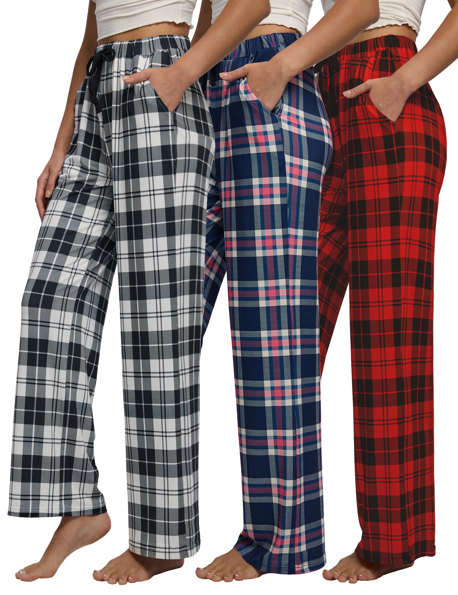 Women Pajama Pants 3-Pack Plaid Sleep Lounge PJ Bottoms with Pockets