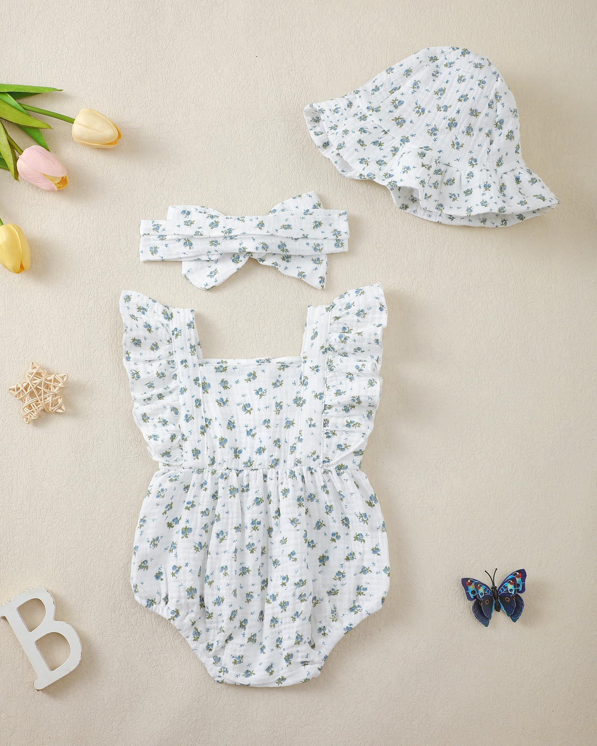 Renotemy Baby Girl Clothes Infant Summer Romper Cotton Linen Newborn Essentials Photography Preemie Outfits with Hat&Headband WEBE CLOTHING