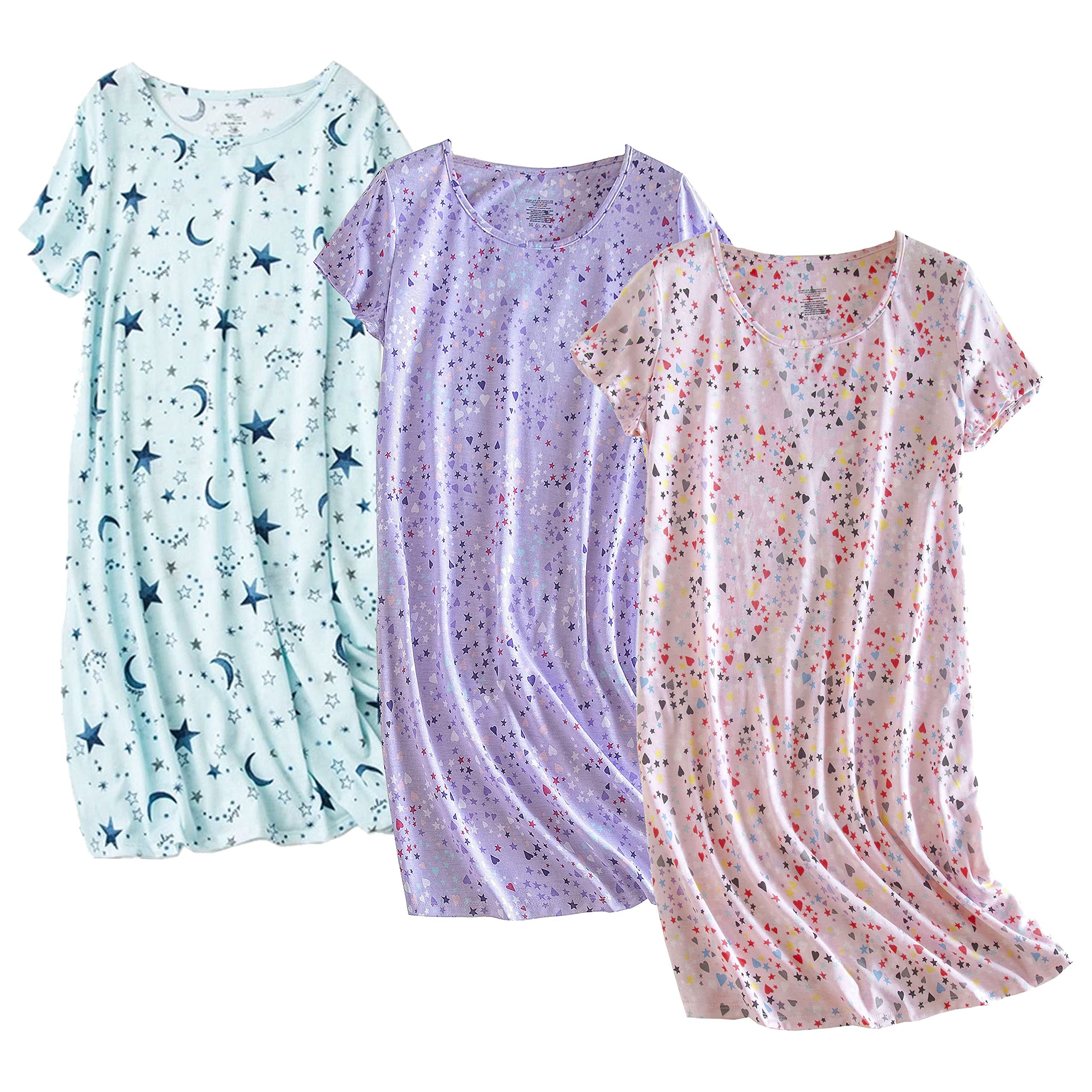PNAEONG 3 Pack Women's Cotton Nightgown Sleepwear Short Sleeves Shirt Casual Print Sleepdress