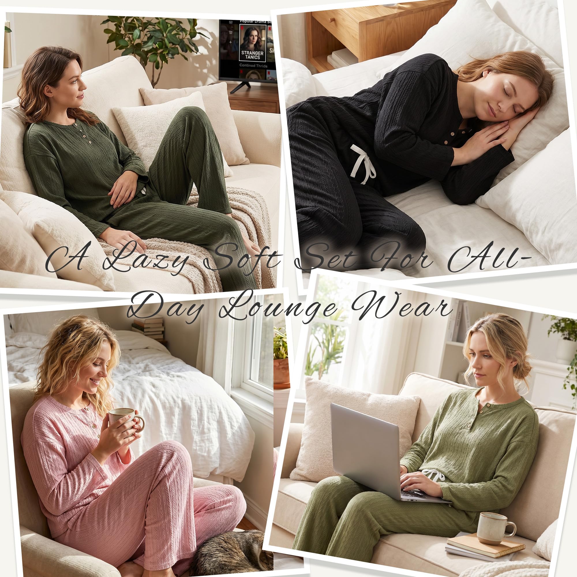 U2SKIIN Soft Pajama Set for Women Cable Knit Loungewear Henley Neck Long Sleeve Comfy Sleepwear with Pockets All Season