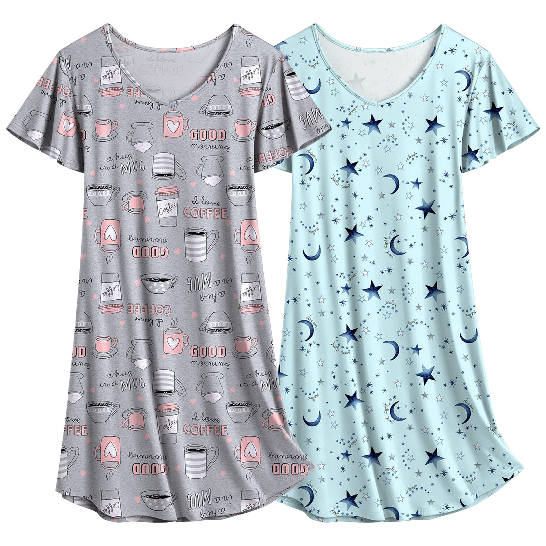 Ekouaer 2 Pack Women's Nightgown Short Sleeve Nightshirts Comfy Soft Pajama Sleep Dress