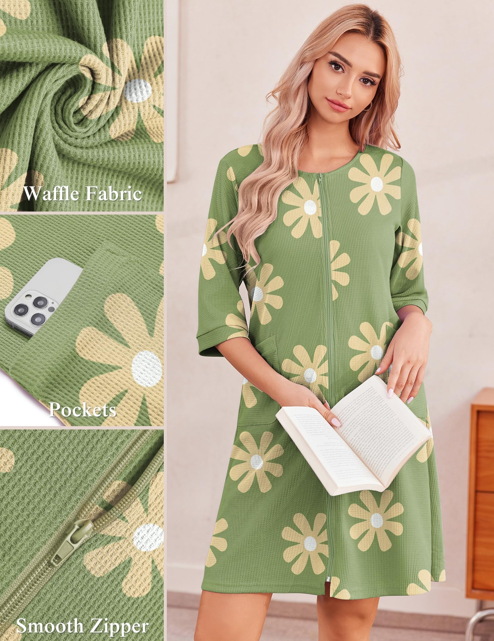 Ekouaer Zip Up Robes for Women Short Waffle Bathrobe Lightweight house coat 3/4 Sleeve Soft Nightgown with Pockets S-3XL WEBE CLOTHING