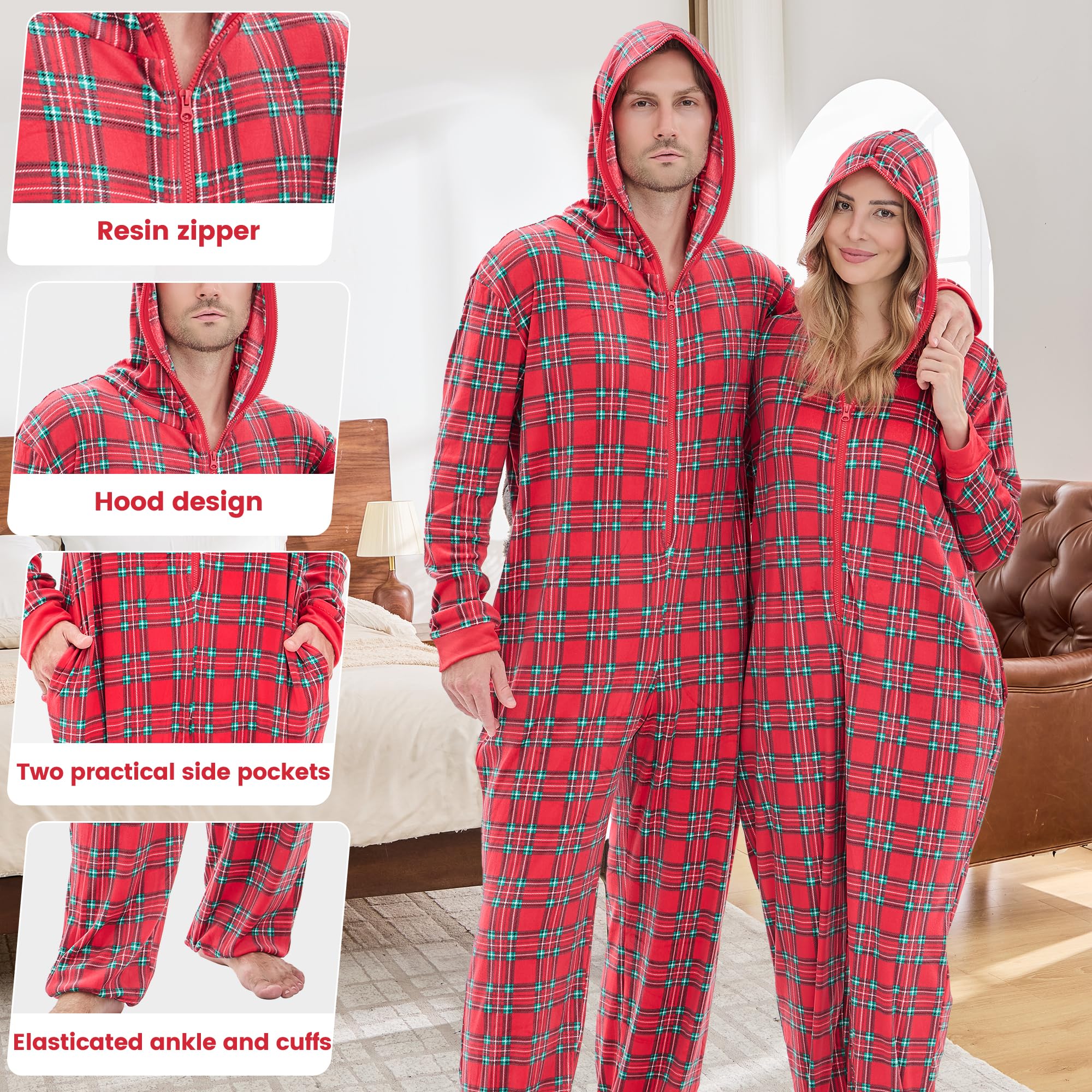 PJGGZ Onesie Couples Matching Pajamas - Funny Plaid Zipper Hooded Pjs Sets for Women & Men Soft Warm Christmas Jumpsuit WEBE CLOTHING