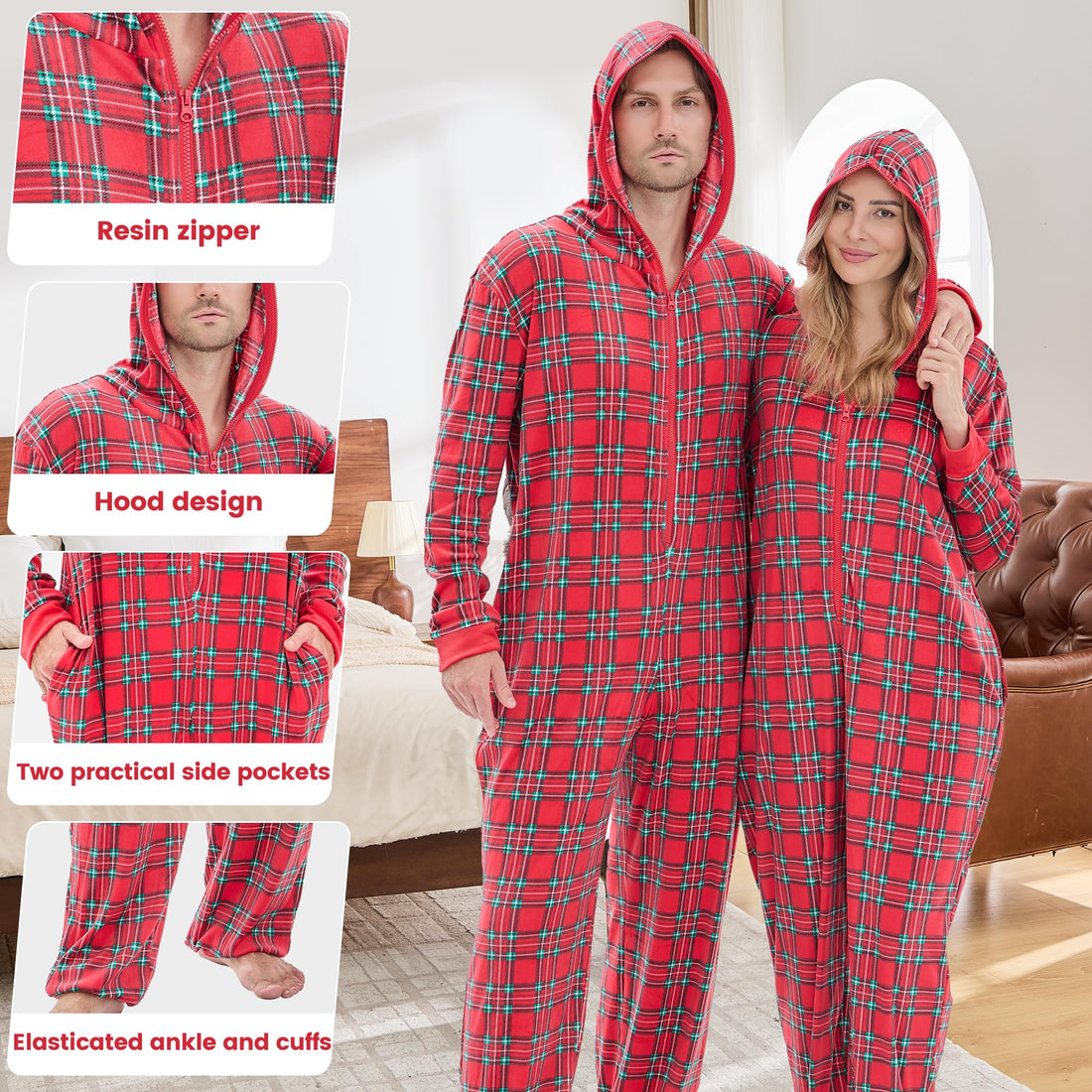 PJGGZ Onesie Couples Matching Pajamas - Funny Plaid Zipper Hooded Pjs Sets for Women & Men Soft Warm Christmas Jumpsuit WEBE CLOTHING