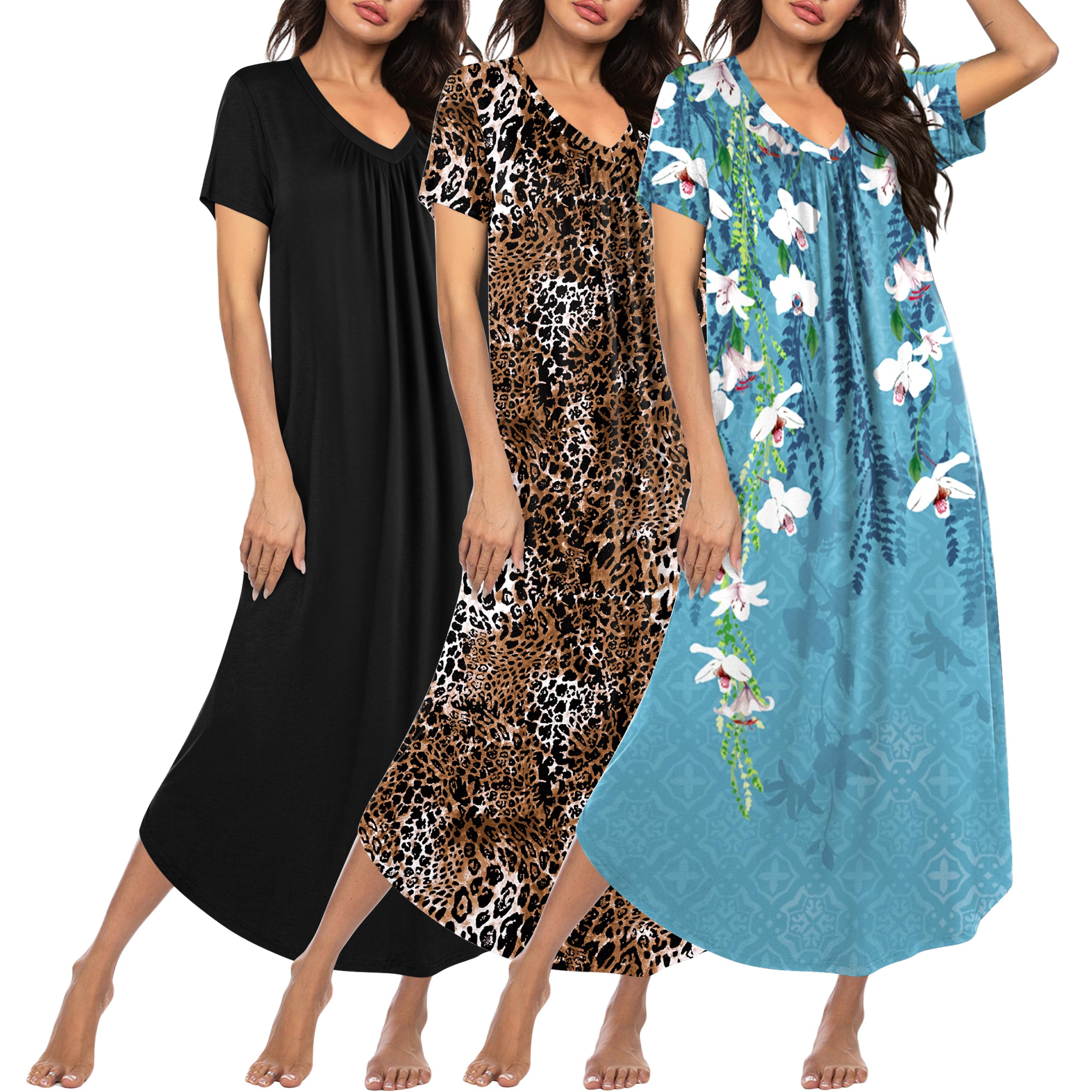 Ekouaer Long Nightgowns for Women 3 Pack House Dress Plus Size Moo Moos | V Neck Night Gowns,Short Sleeve Sleep Dress,Ladies Lounge Dress,Soft Sleep Shirt,Casual Night dress for Sleeping,Daily Wear WEBE CLOTHING