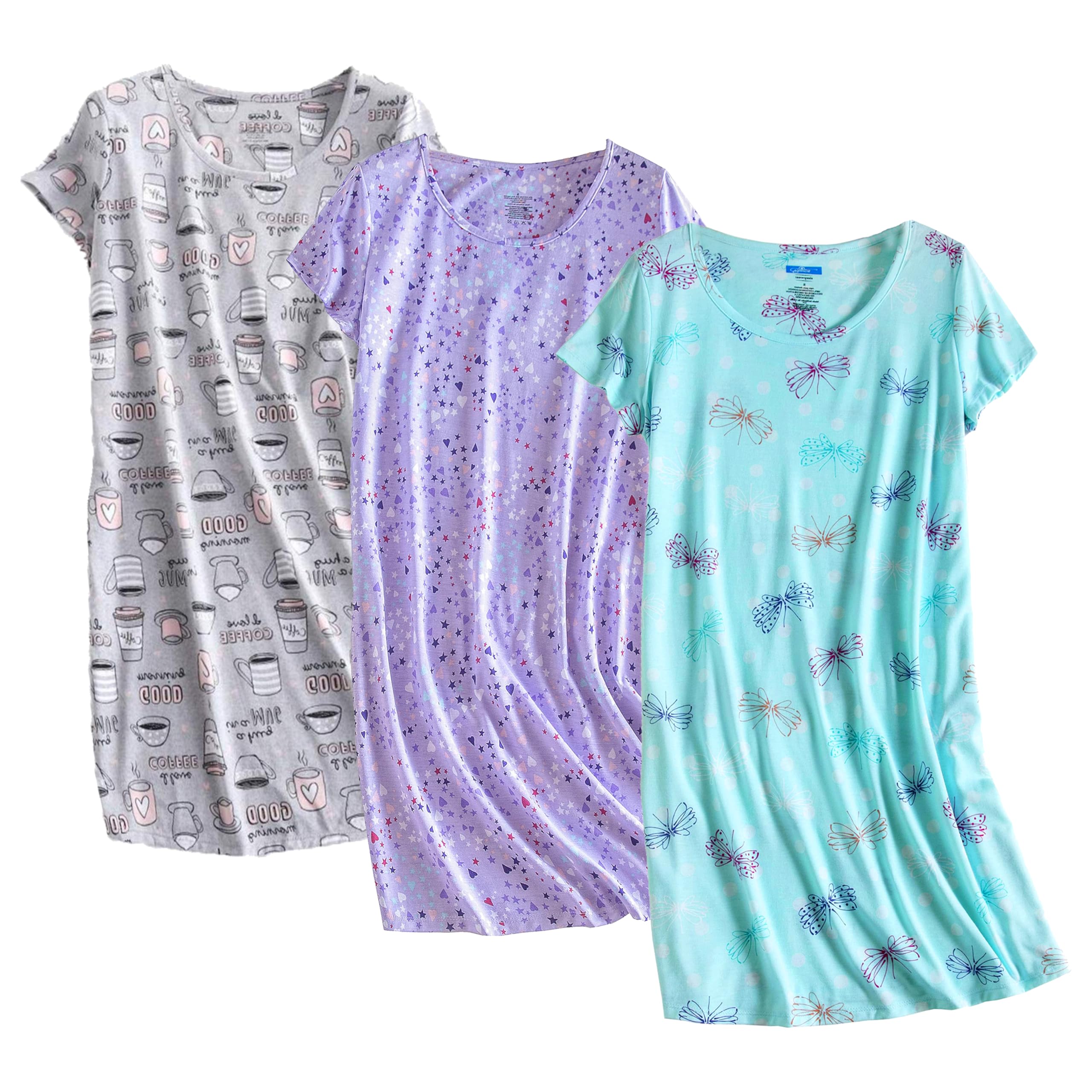 PNAEONG 3 Pack Women's Cotton Nightgown Sleepwear Short Sleeves Shirt Casual Print Sleepdress