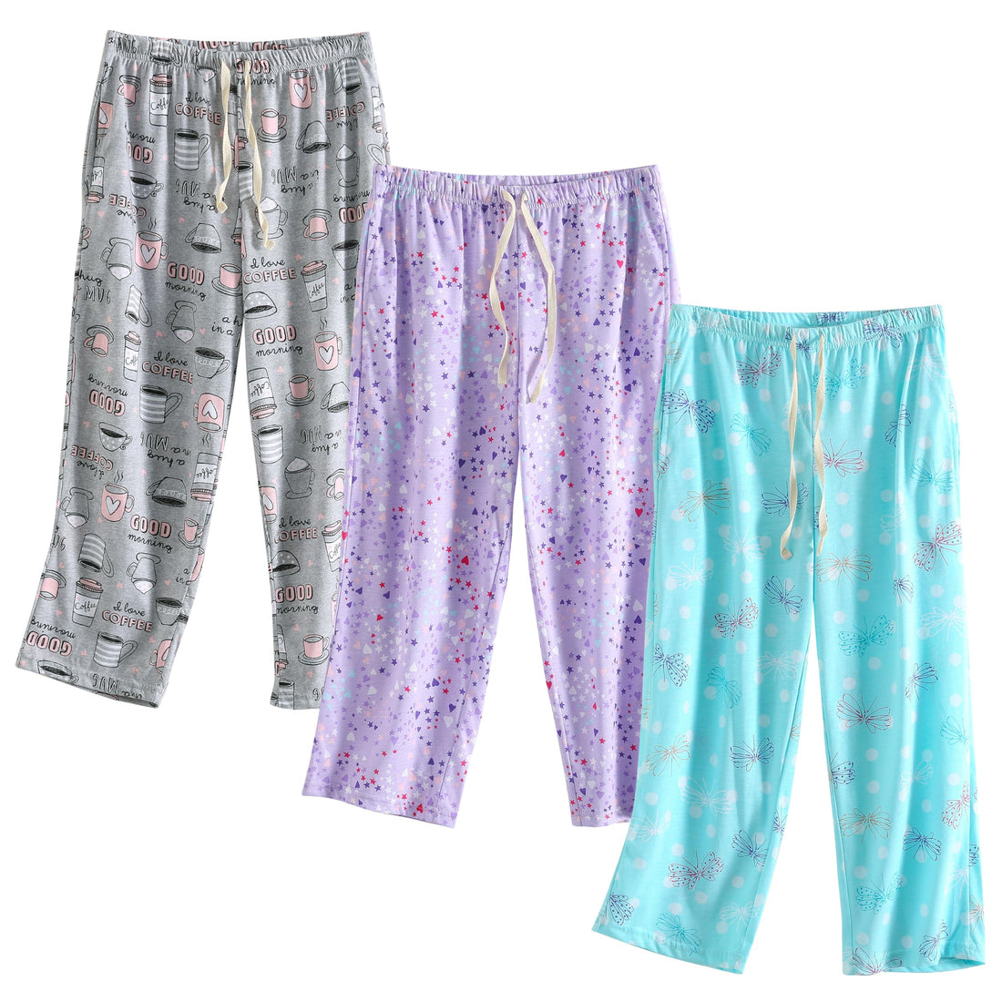 PNAEONG 3 Pack Women Pajama Pants Capri Length Drawstring Pj Bottoms Sleep Lounge Pants with Pockets S-3XL