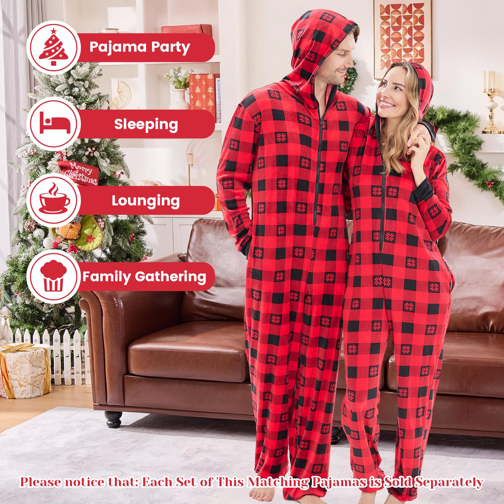 PJGGZ Onesie Couples Matching Pajamas - Funny Plaid Zipper Hooded Pjs Sets for Women & Men Soft Warm Christmas Jumpsuit WEBE CLOTHING