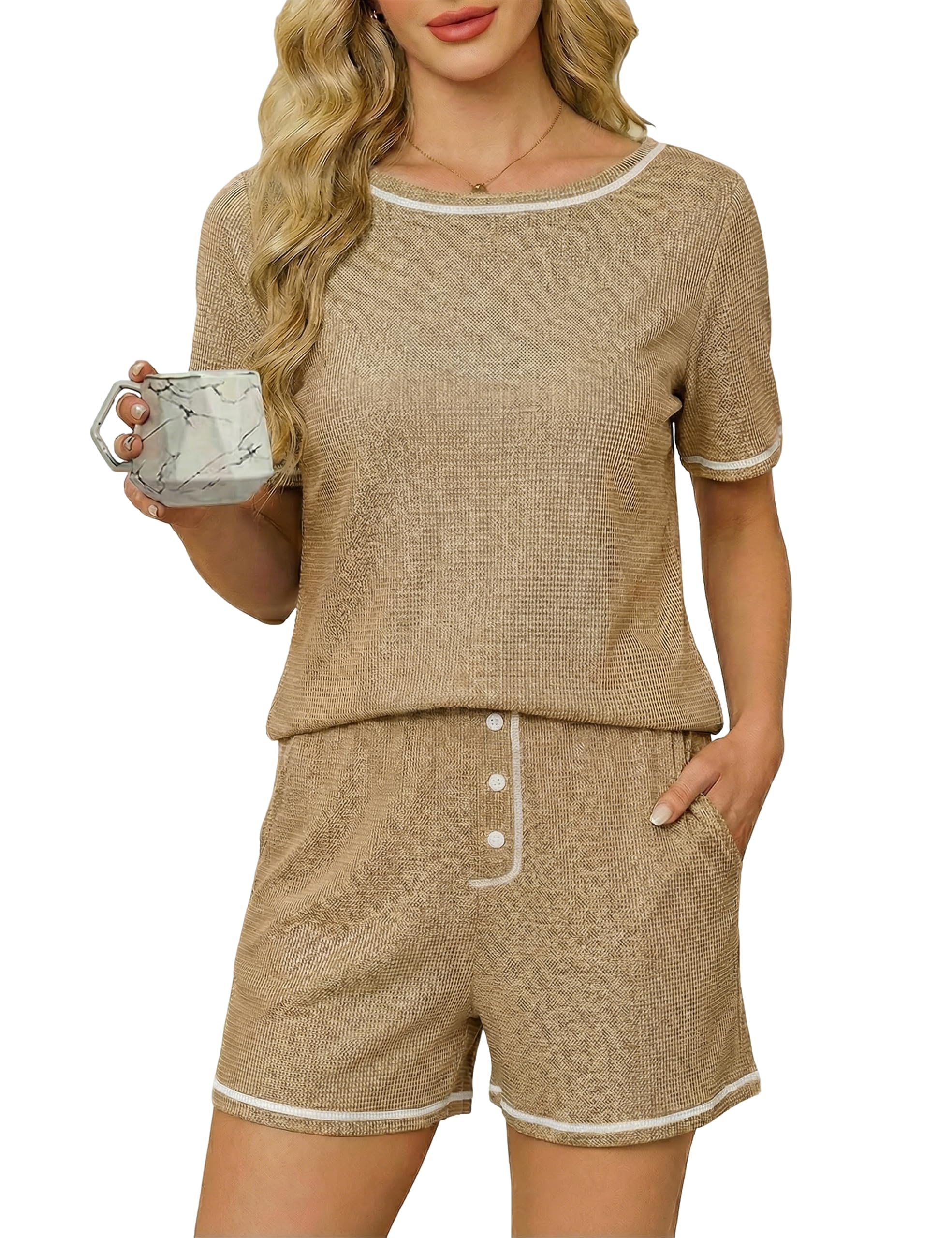 Blooming Jelly Womens Waffle Knit Cute Pajamas Sets Short Sleeve 2 Piece Pj Lounge Set Soft Sleepwear with Pockets