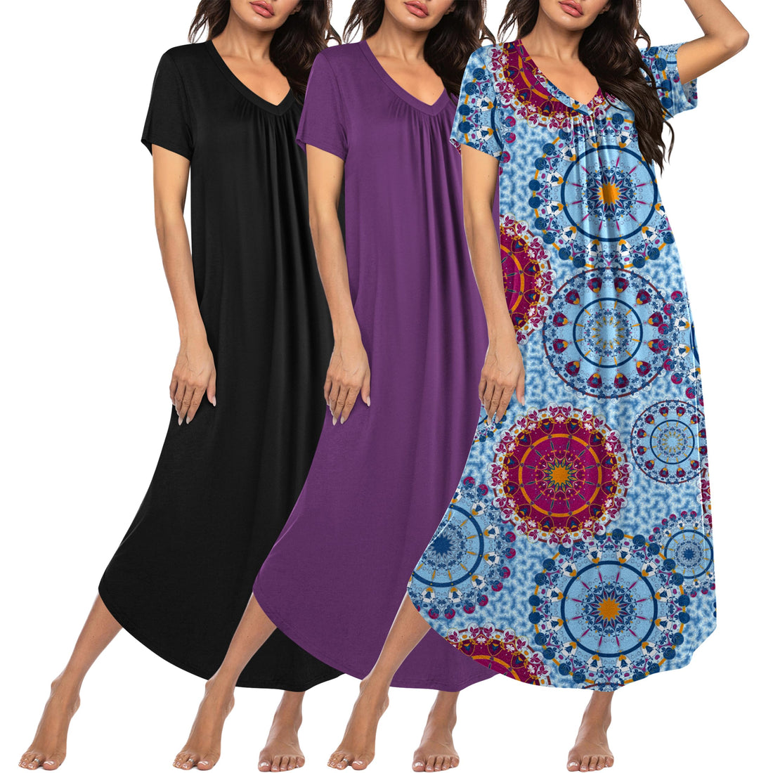 Ekouaer Long Nightgowns for Women 3 Pack House Dress Plus Size Moo Moos | V Neck Night Gowns,Short Sleeve Sleep Dress,Ladies Lounge Dress,Soft Sleep Shirt,Casual Night dress for Sleeping,Daily Wear WEBE CLOTHING