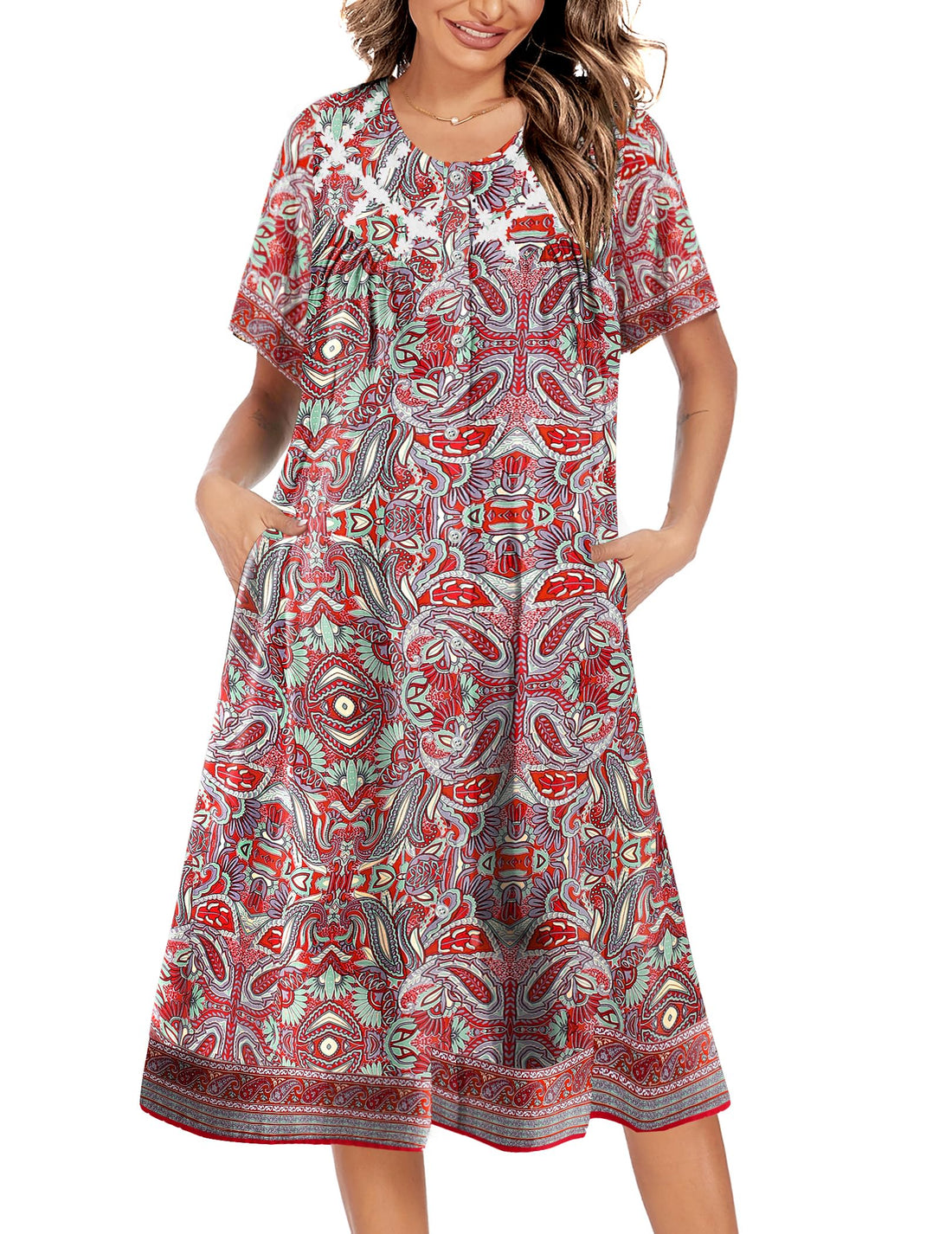 Ekouaer House Dress for Women Button Down Nightgown Short Sleeve Housecoat with pockets S-4XL WEBE CLOTHING